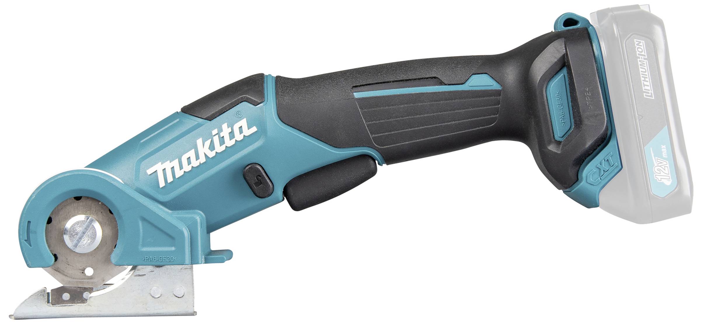 Kompakt, sladdlöst Makita-handsverktyg med blå-svart hölje och skärskiva, lämpligt för precisionskapning av olika material.