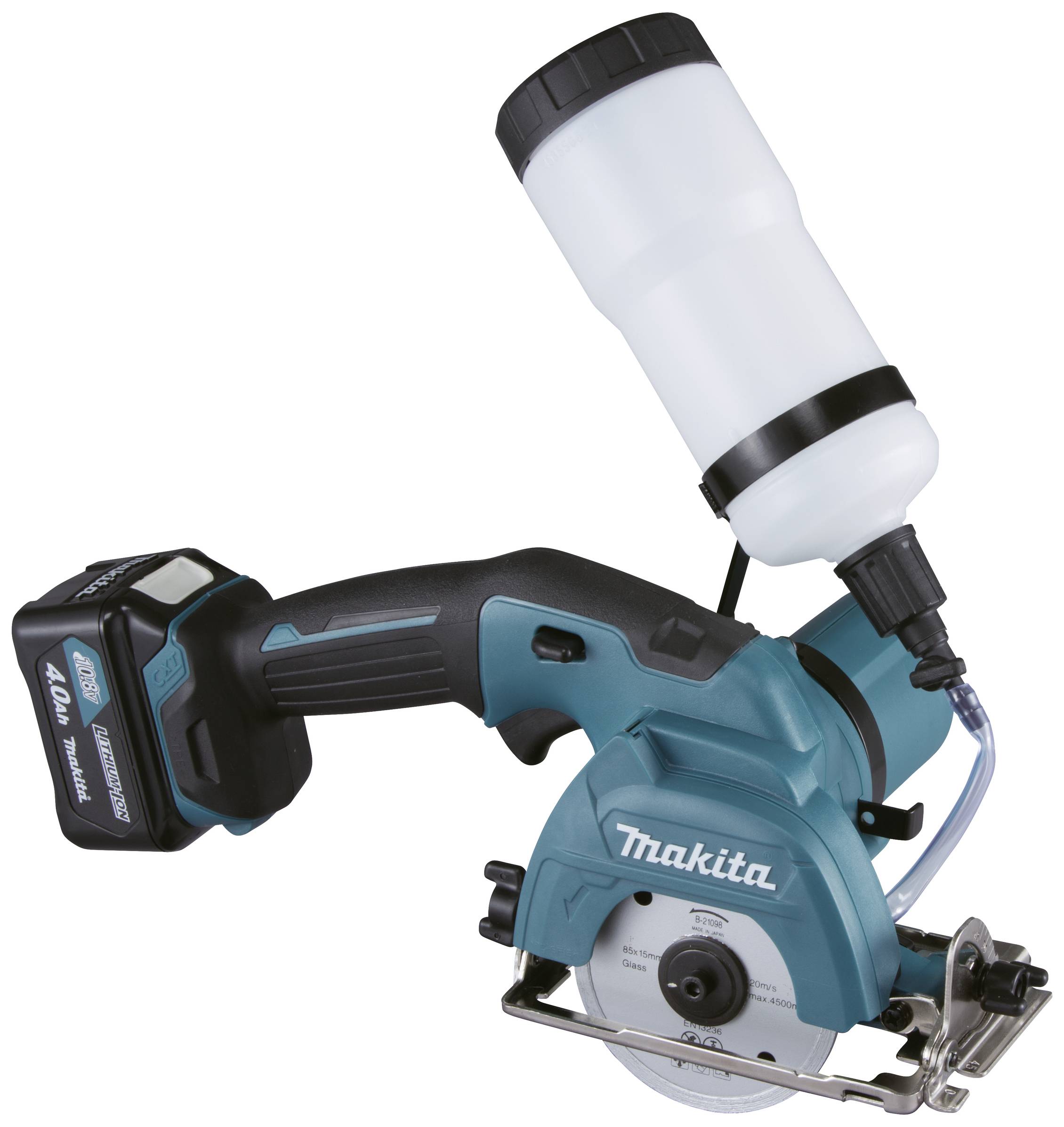 Sladdlös cirkelsåg försedd med en vattenbehållare för våtskärning. Makita-logotyp på sågen.