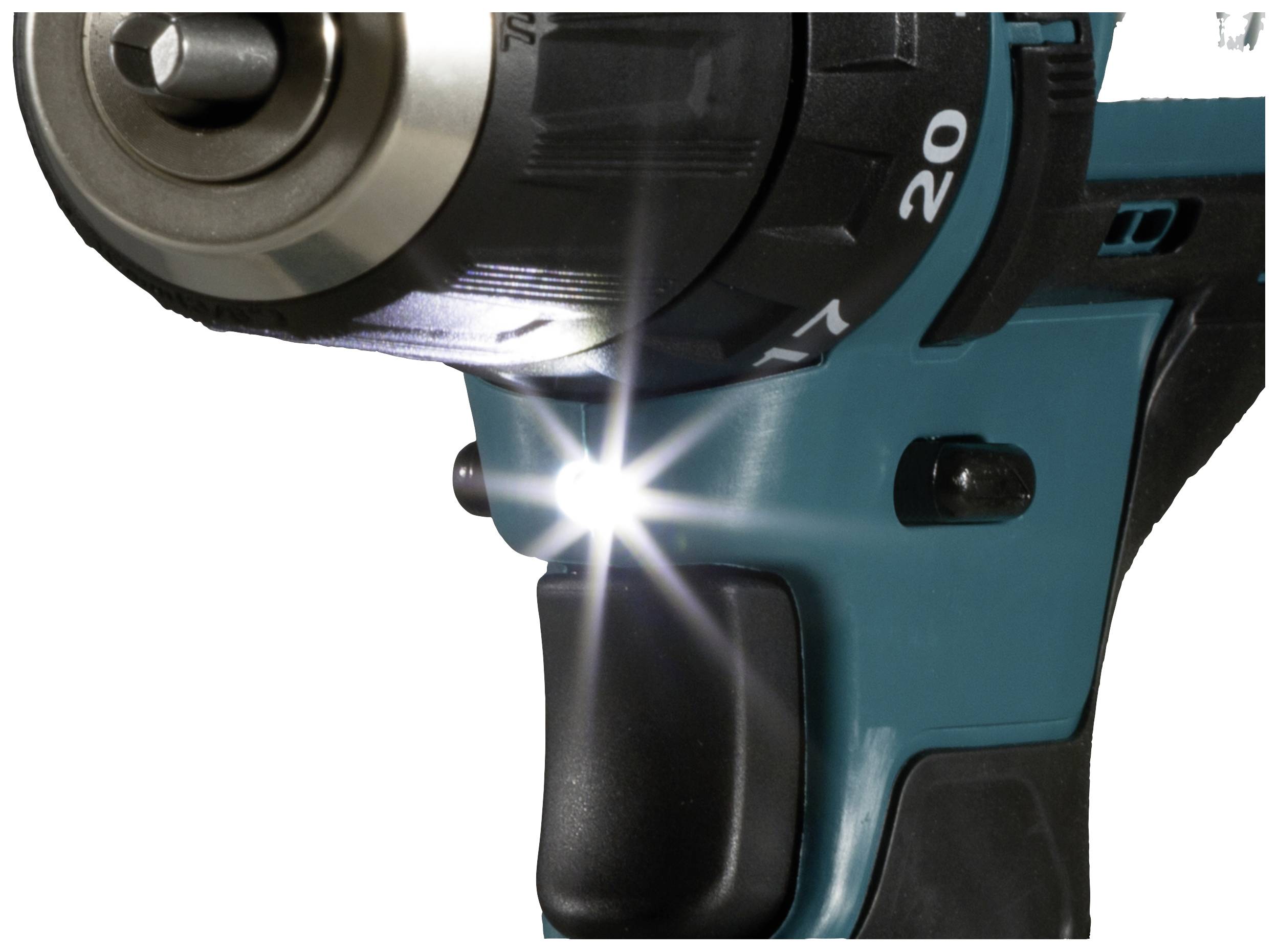 Närbild av en elektrisk batteridrill med lysande LED för bättre sikt under arbetet.
