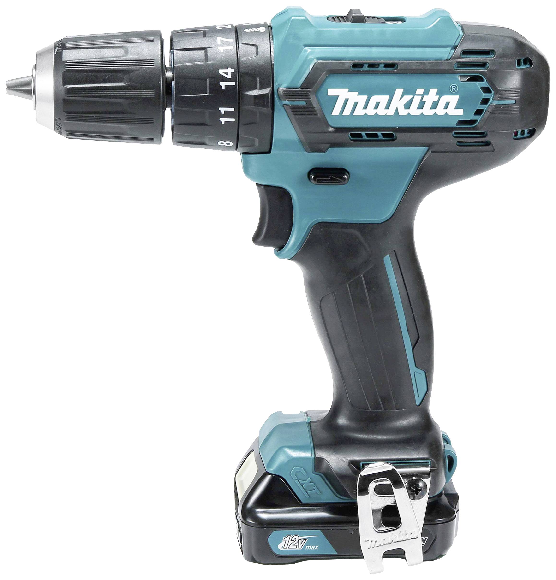 Batteridriven skruvdragare från Makita mot vit bakgrund. Verktyget är i blått och svart, kompakt, med handtag och batteri placerat nedtill.