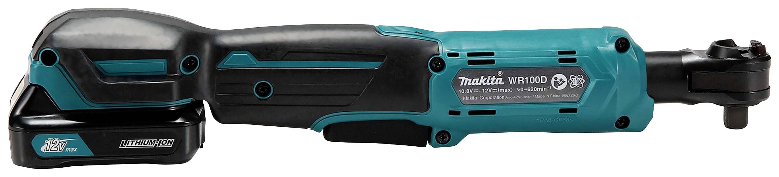 Batteridrivet vinkelslagskruvmejsel i svart och turkos, med Makita-logotyp. Den är lämplig för skruvning och åtdragning i svåråtkomliga områden.