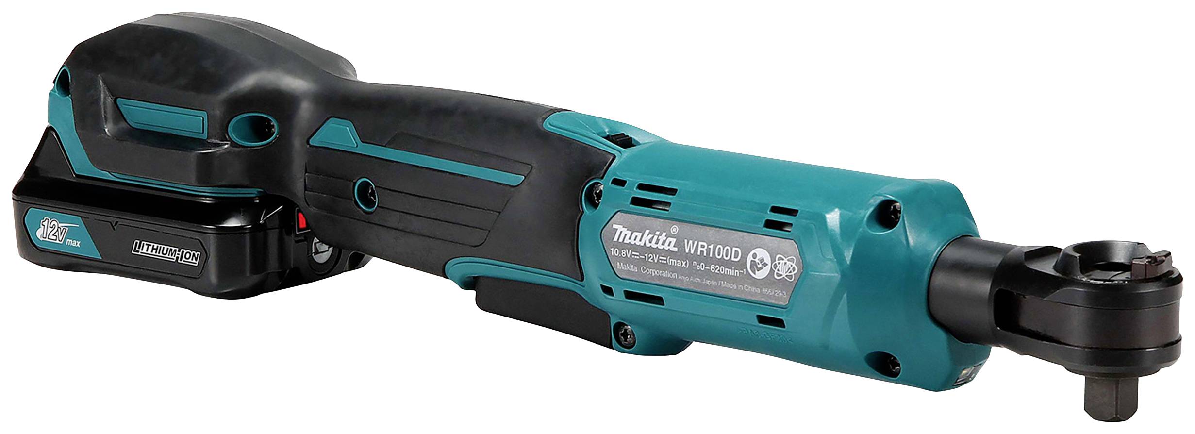 Makita slagskruvmejsel, modell WR100D, blå-svart med batterifack och ergonomiskt handtag, mot vit bakgrund.