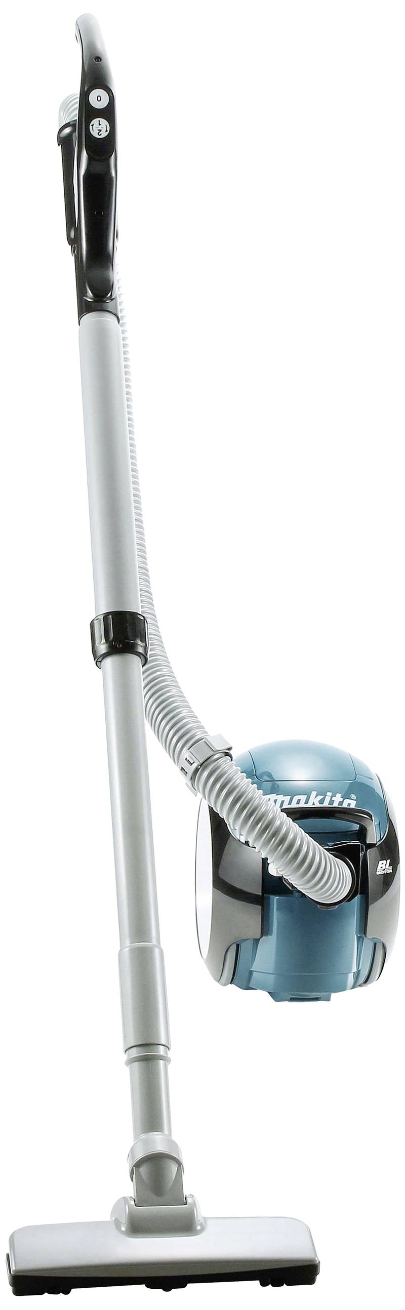 En dammsugare med ett långt sugrör och en blå behållare på hjul, perfekt för rengöring av golv.