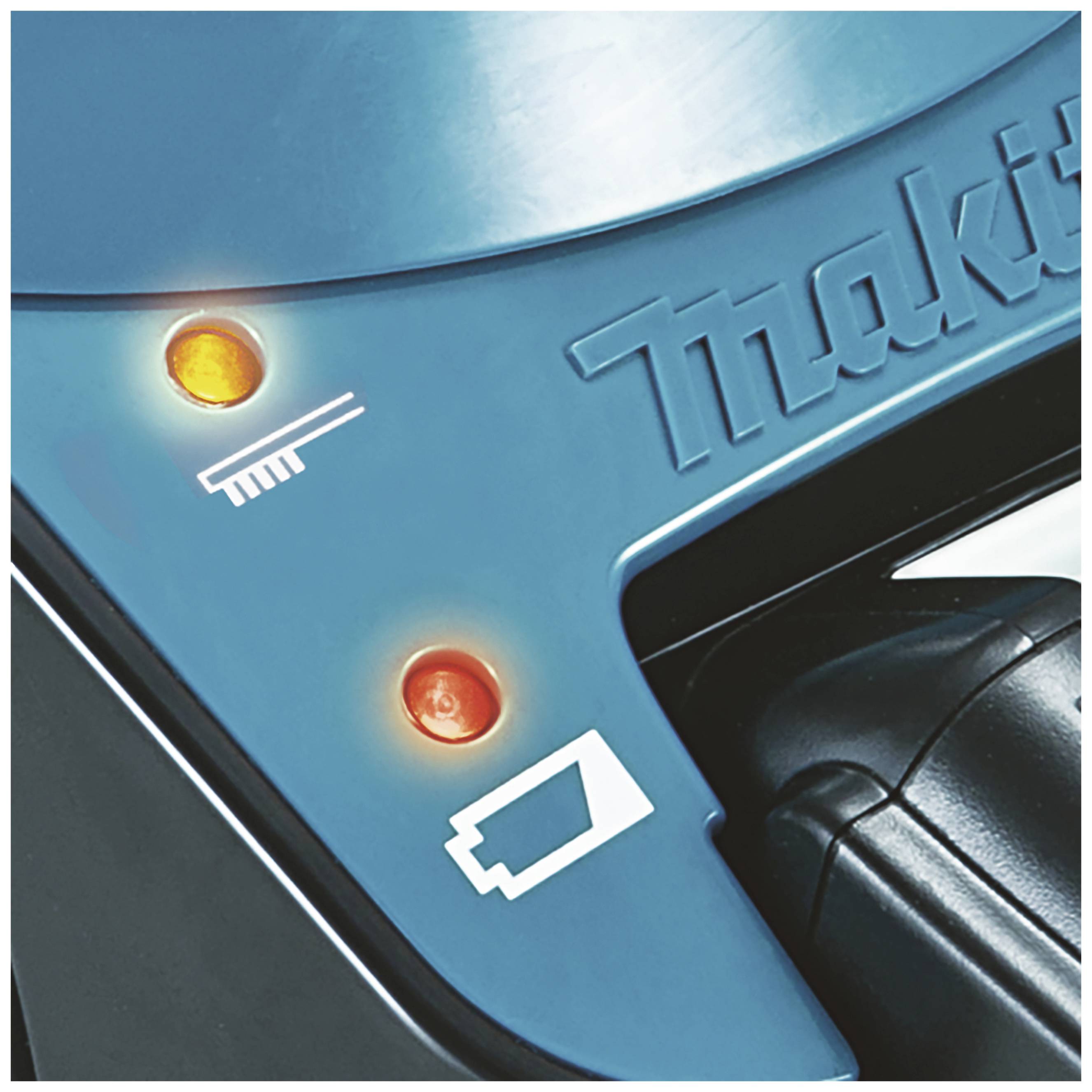 Två lysande kontrollampor på en enhet visar symboler för rengöring och batteri. Rengöringslampan är placerad ovanför.