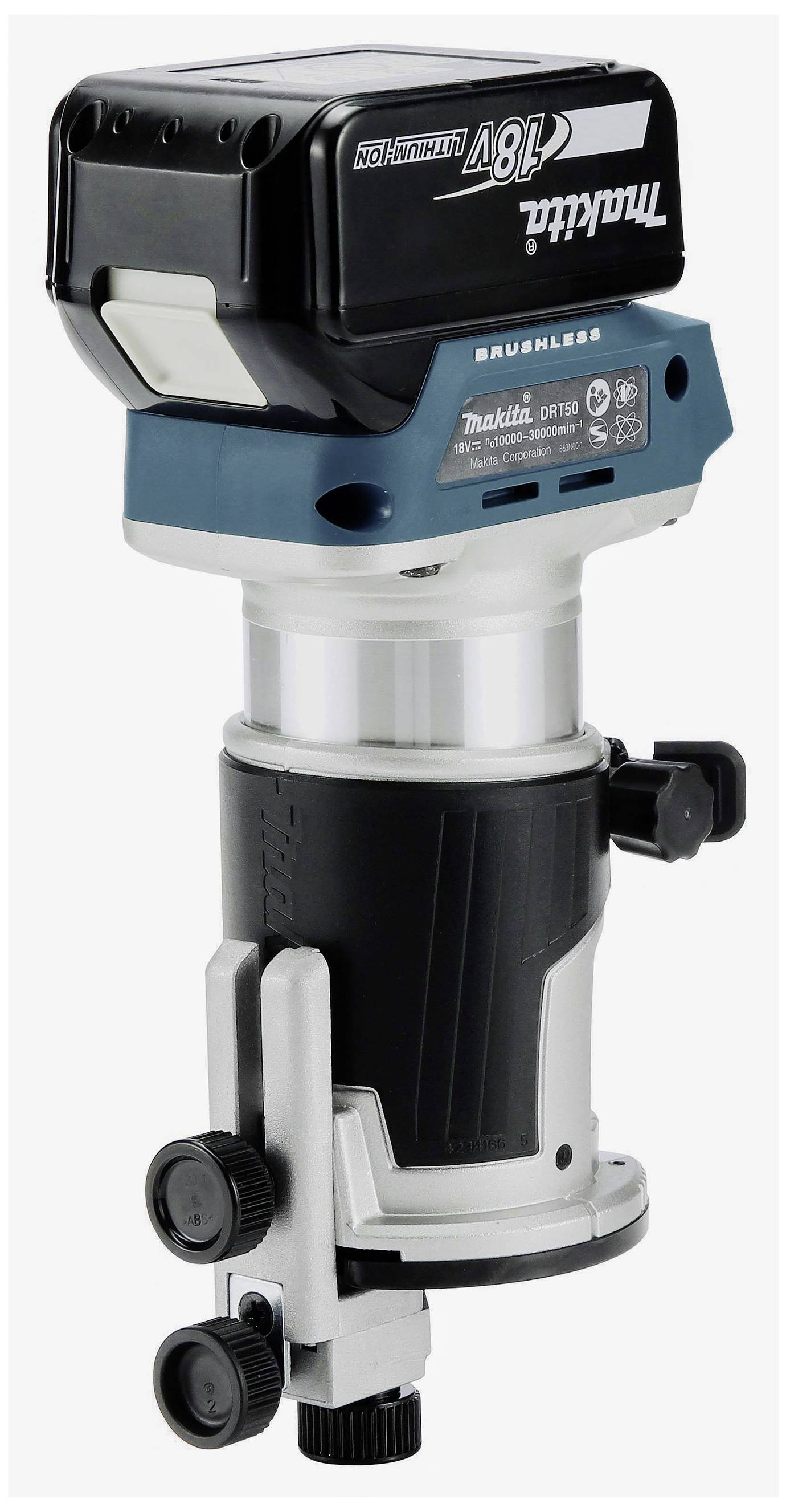 Sladdlös blå bordsfräs med variabel hastighet och batteri ovanpå. Huvudsakligen grå, svart och blå.