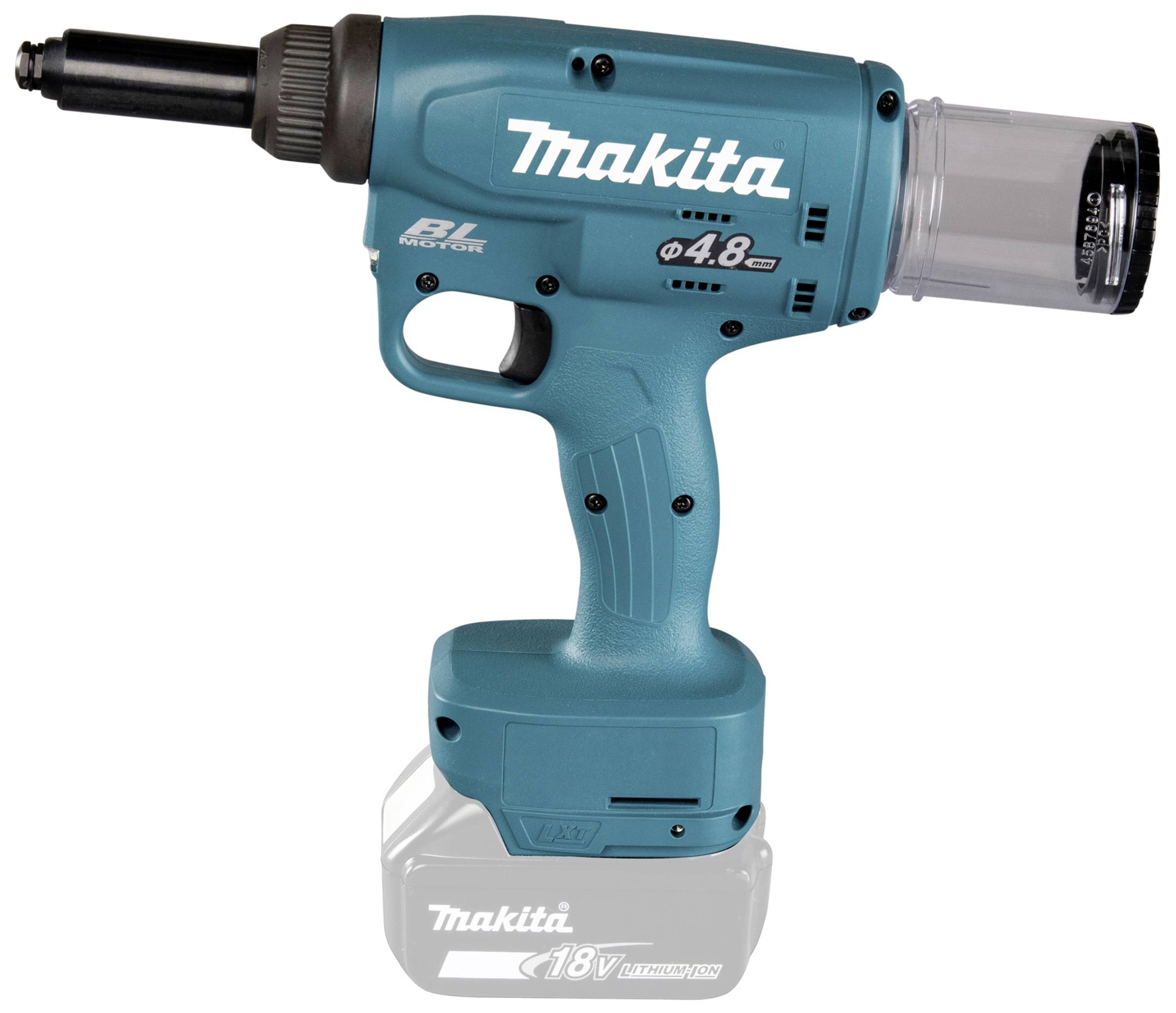 En trådlös, blå popnitpistol med ergonomiskt handtag, driven av ett 18V litiumjonbatteri, avsedd för industriellt bruk.