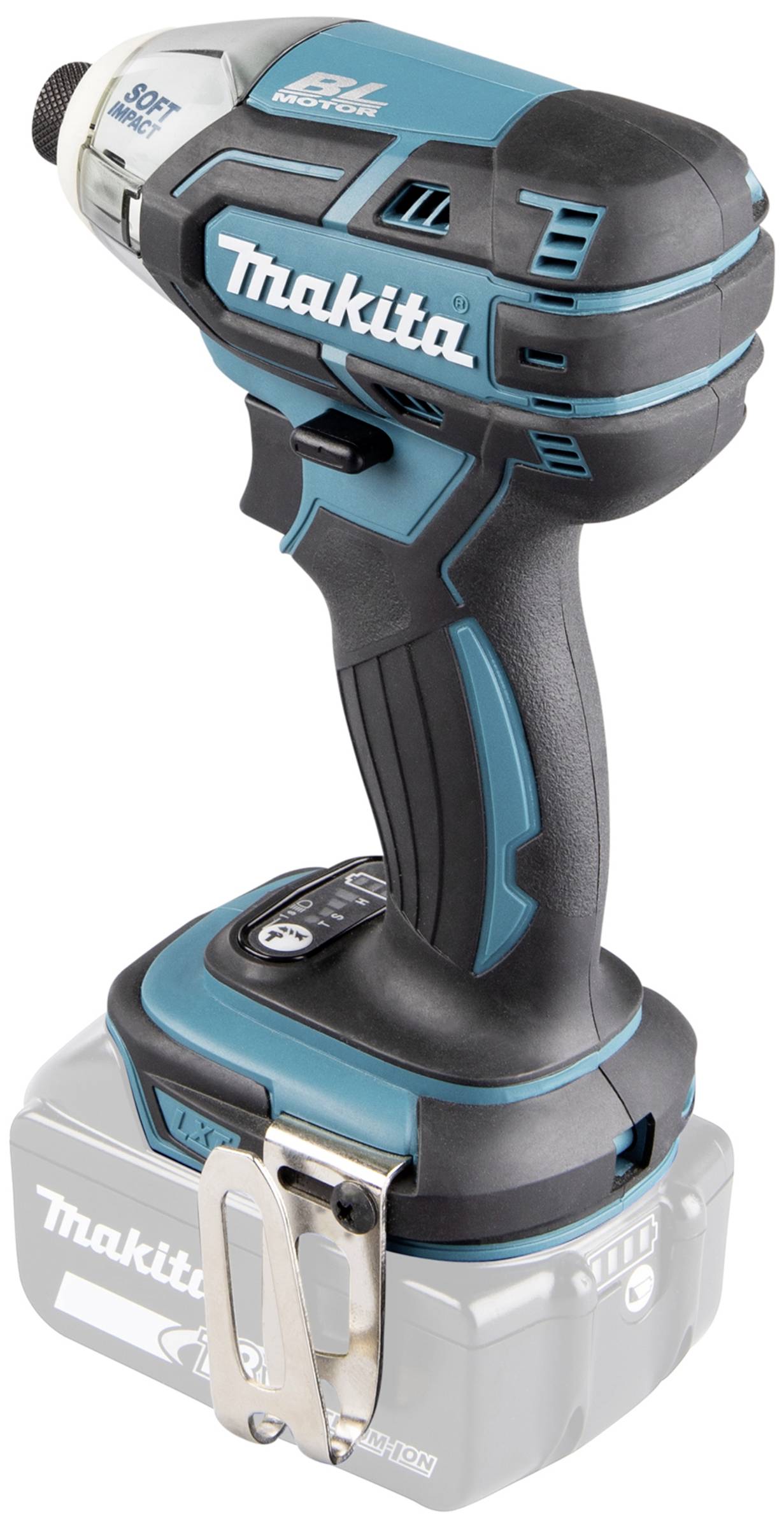 Makita batteridriven skruvdragare i svart och blått, sedd från sidan.