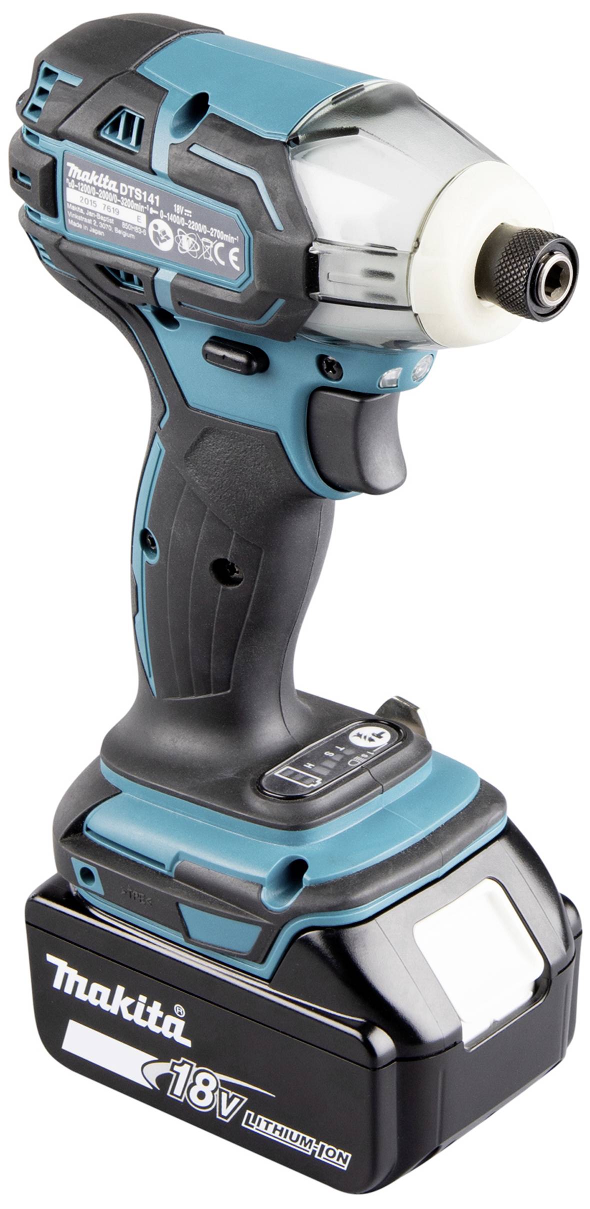 En sladdlös batteridriven slagskruvmejsel från Makita, med blå och svart design, använder ett 18V litiumjonbatteri.