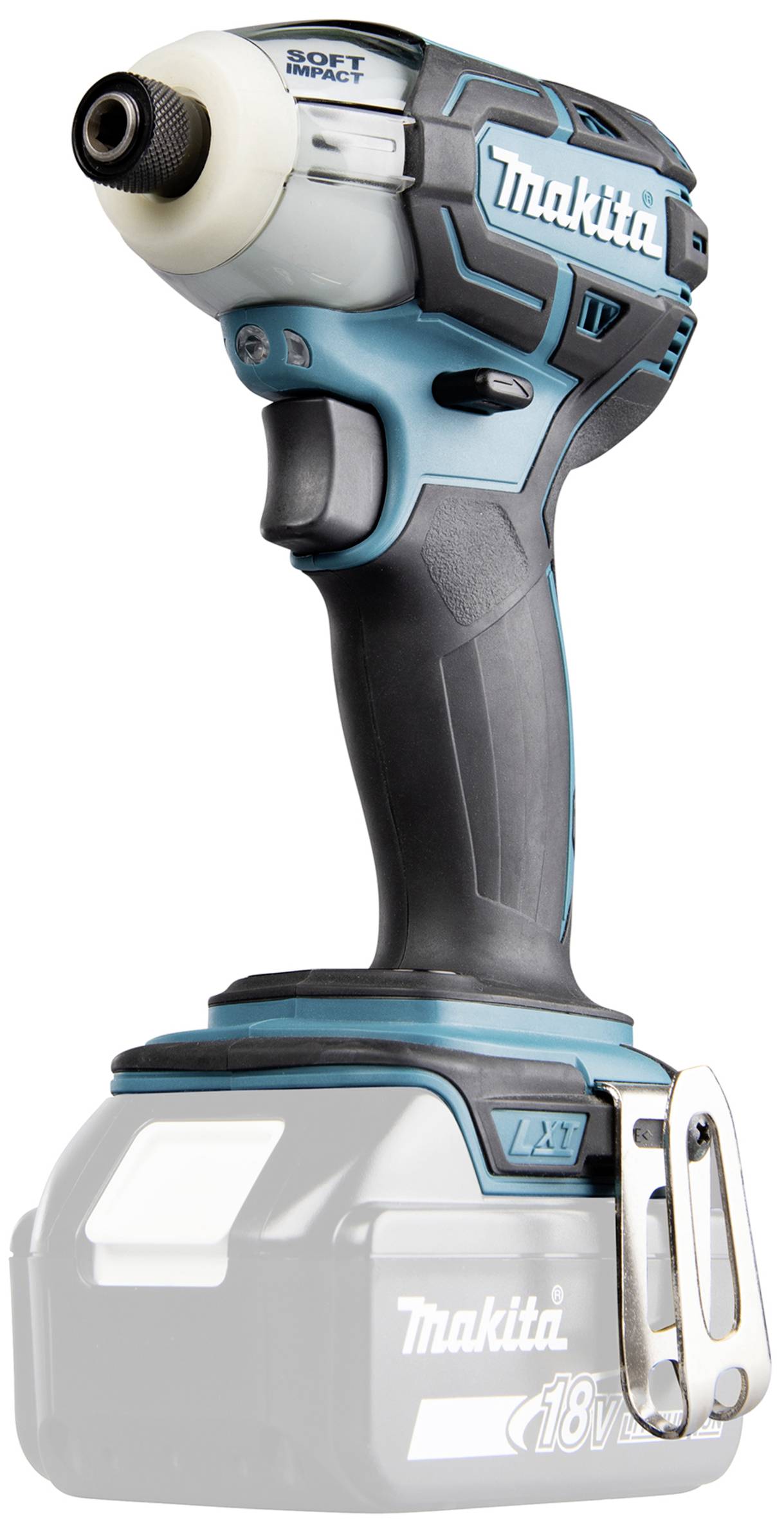 Slagborrmaskin från Makita, 18V, svart-blå. Handtaget är ergonomiskt utformat, batteriet är inte isatt.