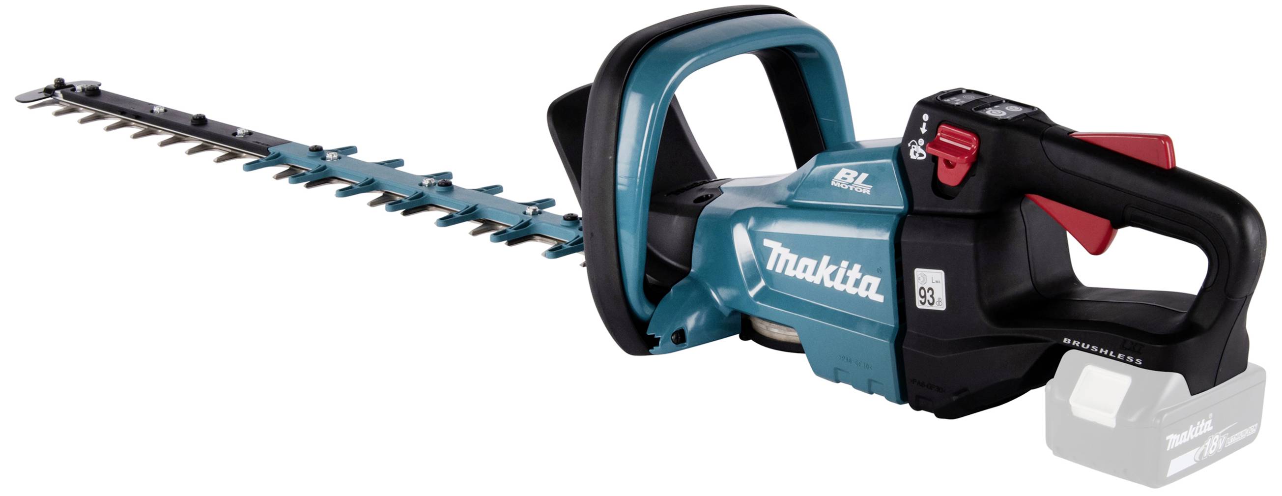 En blå, batteridrivet häcksax med svart handtag och röd säkerhetsknapp, märkt med texten 'Makita'.