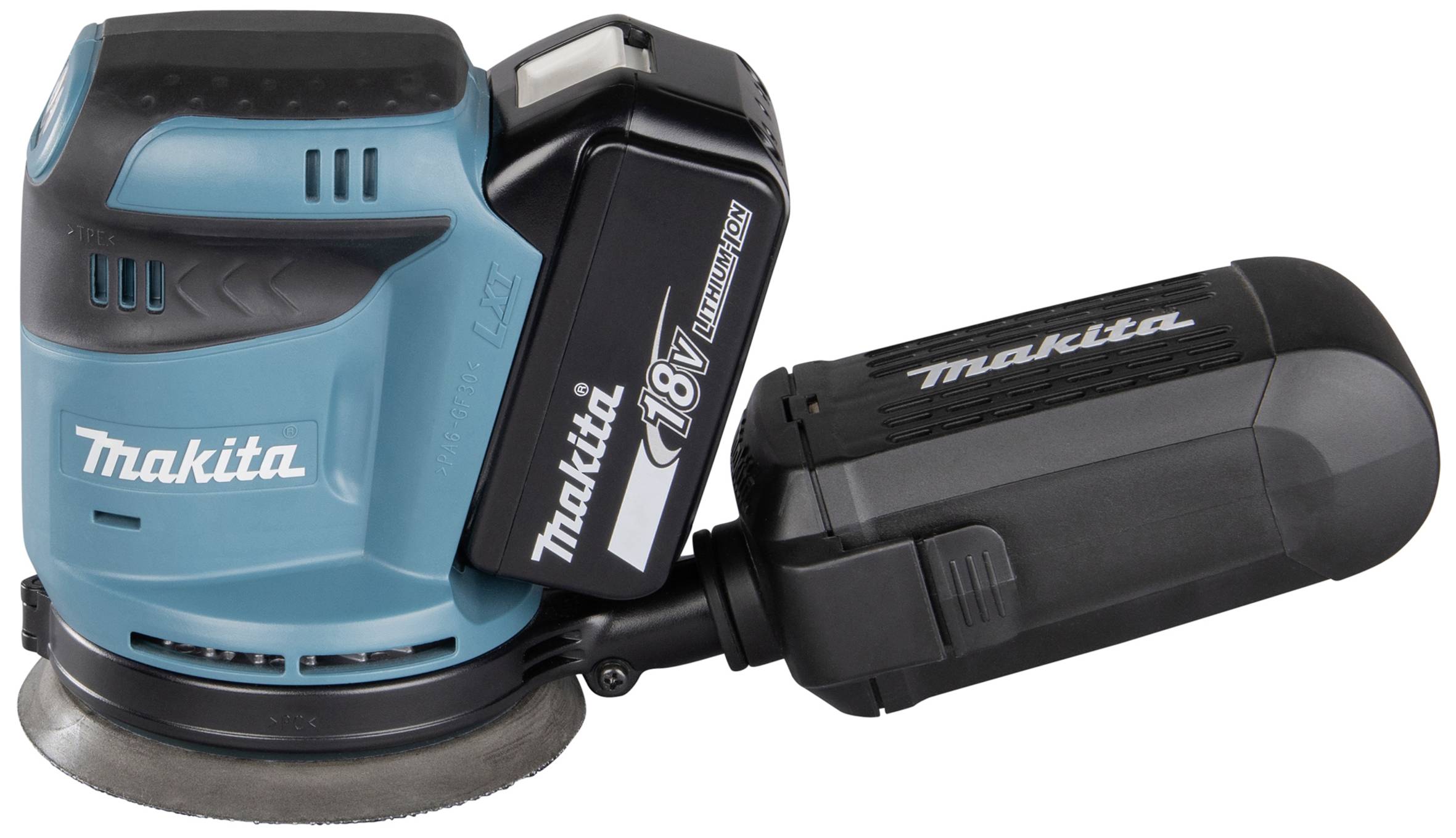 En blå-svart Makita batteridriven slipmaskin med 18V-batterimodul, liggande på en vit yta.