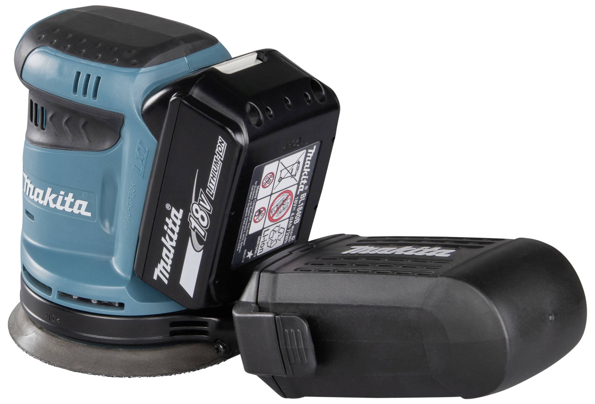 En blå, sladdlös Makita excenterslip med ett 18V litiumjonbatteri, använd för ytbehandling och slipning.