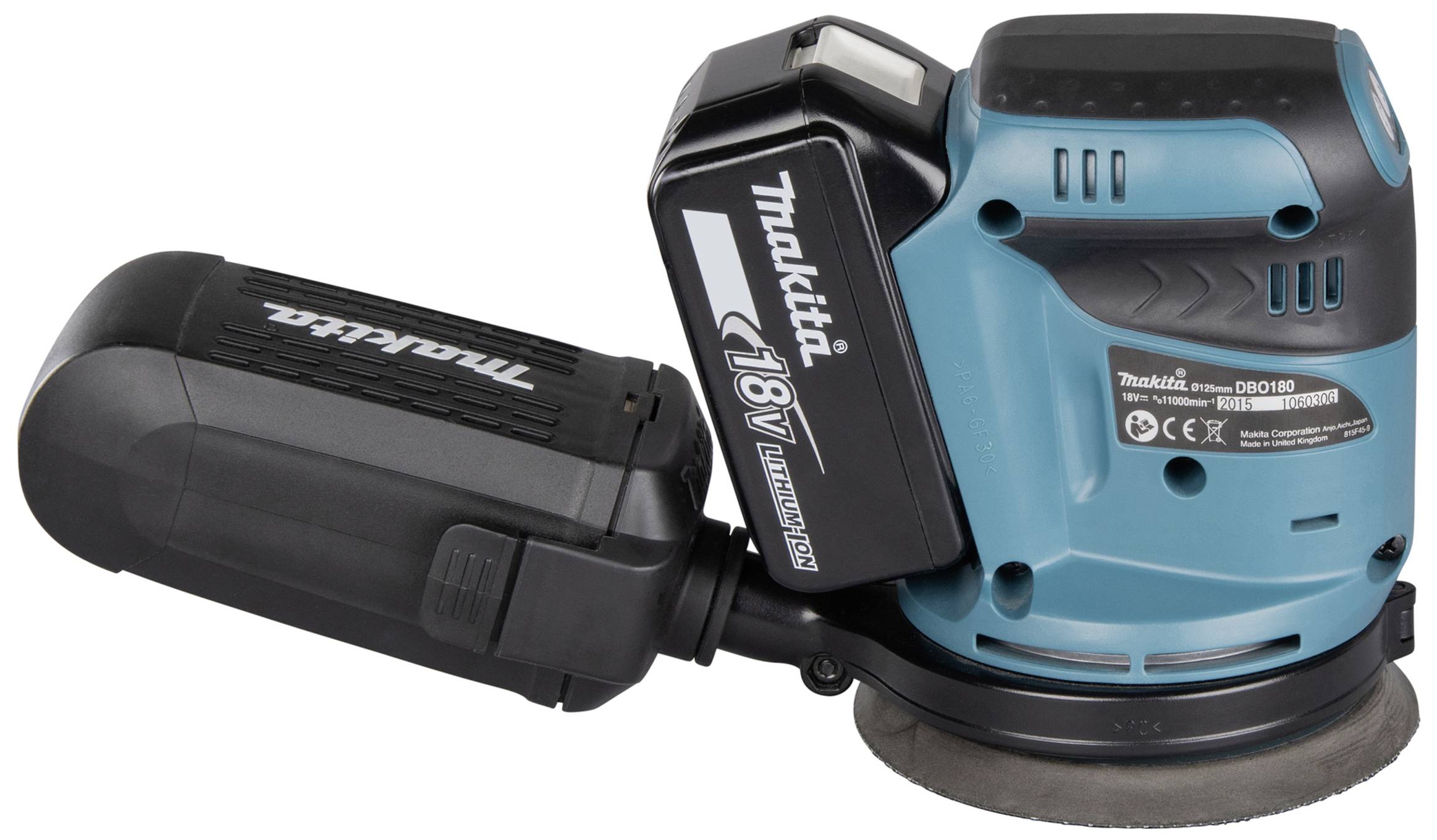 En blå, bärbar elslip med svart batteri, placerad horisontellt. Varumärket 'Makita' tydligt synligt på enheten.