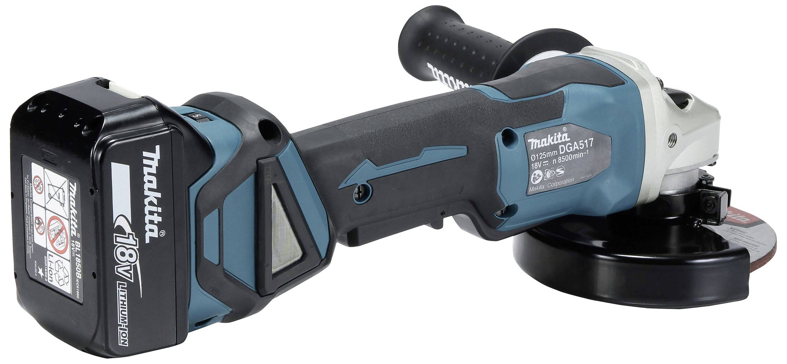 En sladdlös vinkelslip med Makita-logotyp, 18V batteri och blå-svart hölje. Lämplig för metallskärning och slipning.