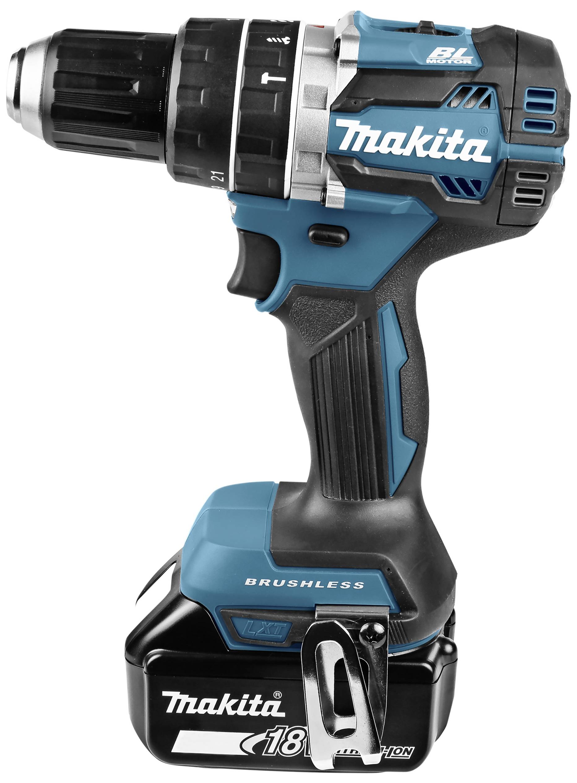 Batteridriven skruvdragare i blå-svart med ergonomisk design, batterienhet placerad nedtill. Varumärkets logotyp synlig.