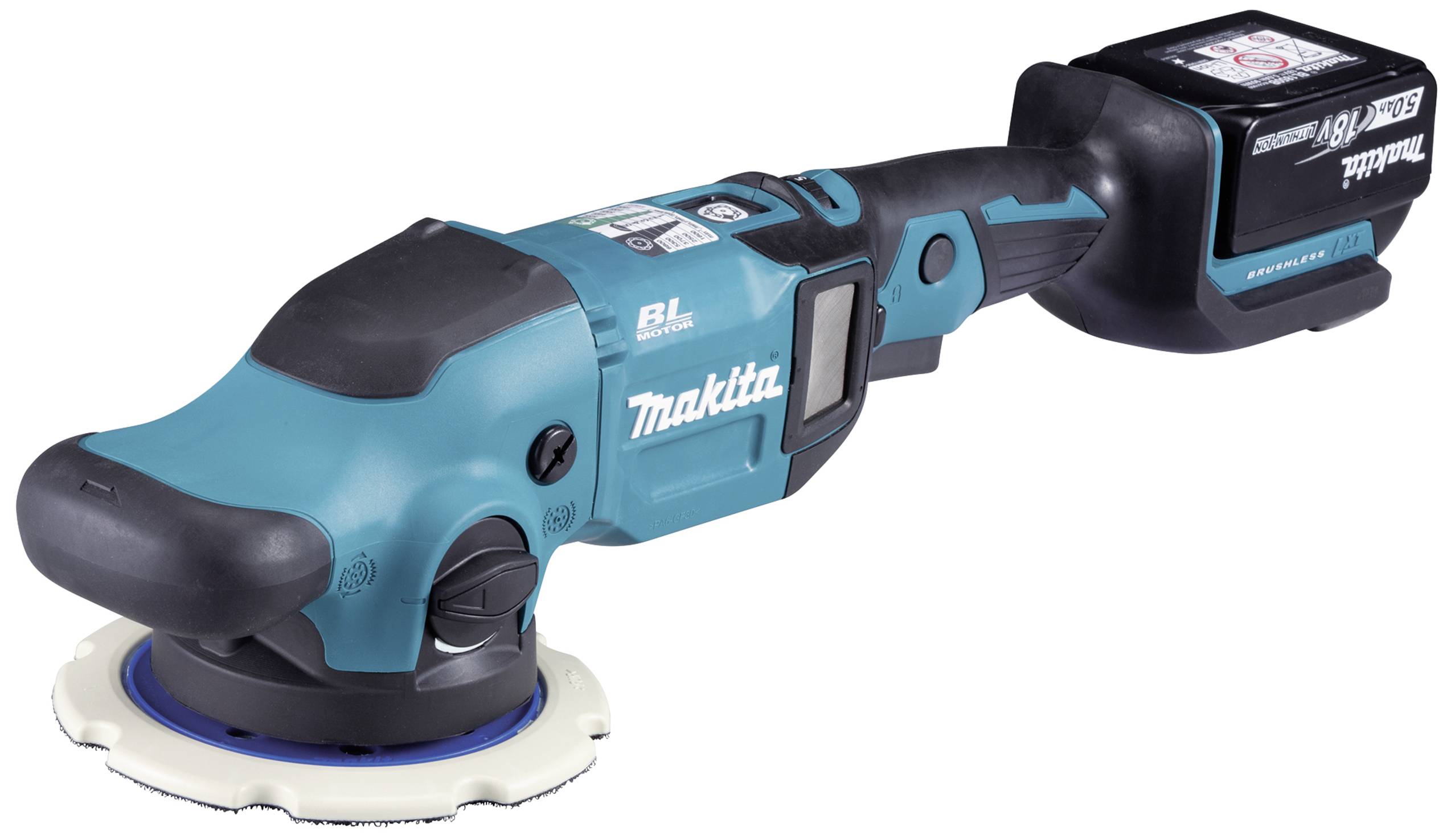 Batteridriven polermaskin med blått hölje från Makita, mot en vit bakgrund.