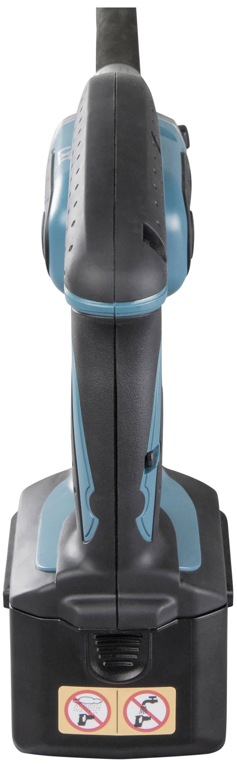 Batteridriven borr i svart och blått, sedd framifrån, med ergonomiskt handtag och batterienhet.