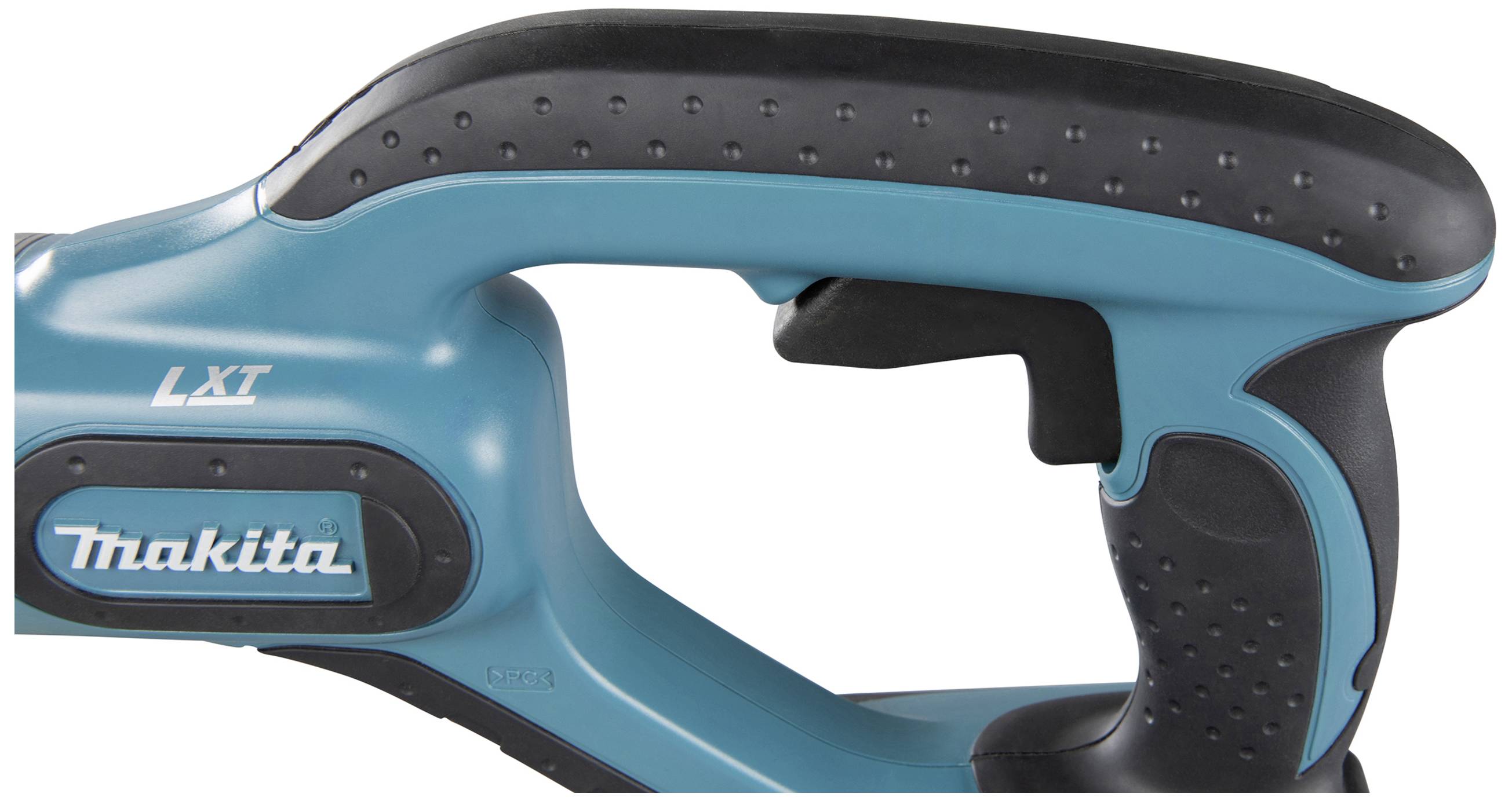 Ett blått och svart maskinhandtag designat med tryck av 'Makita' och 'LXT', som visar ergonomisk form och grepp.