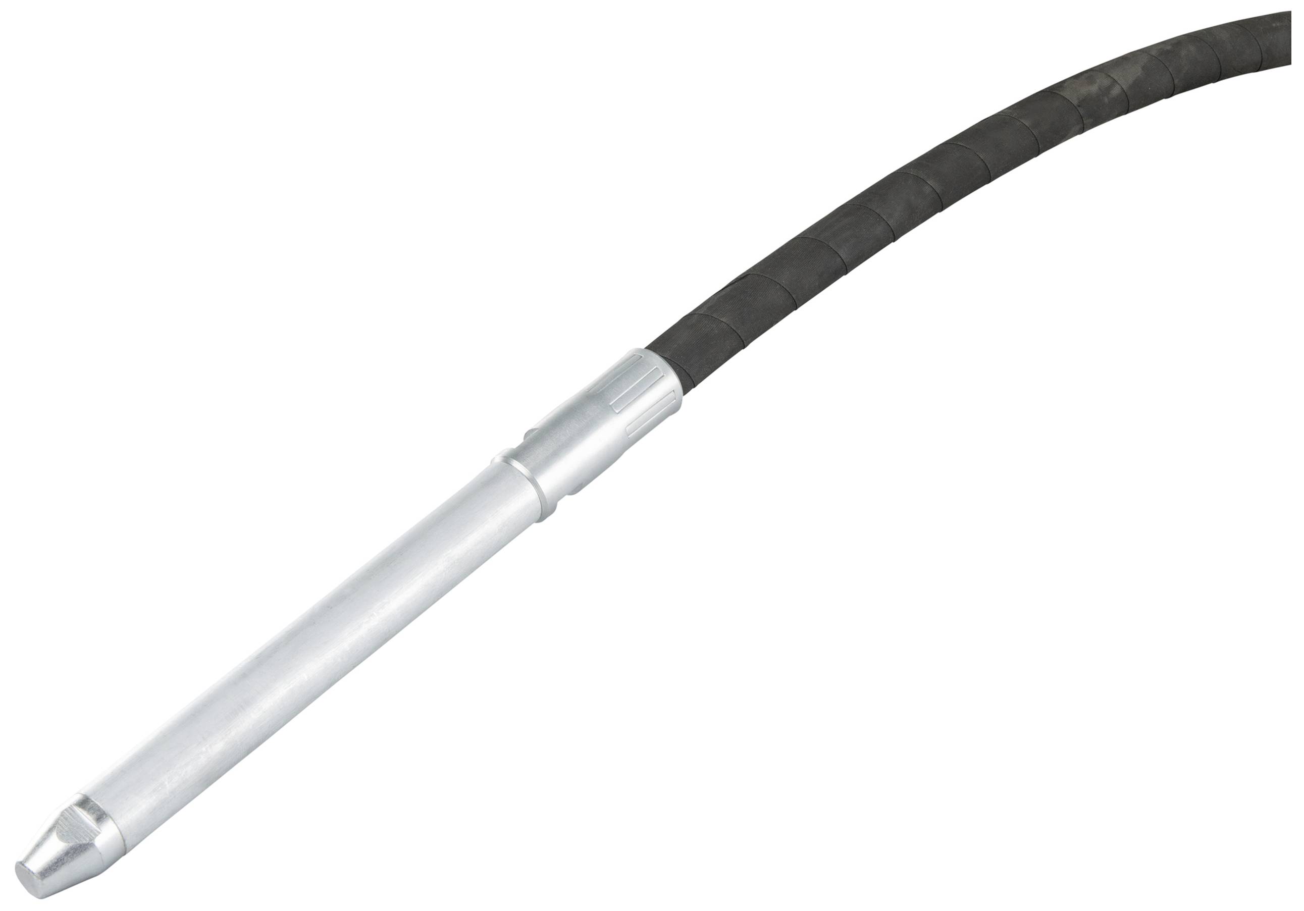En lång, silverfärgad vibrationsstav med en svart kabel, använd inom byggsektorn för att kompaktera betong.