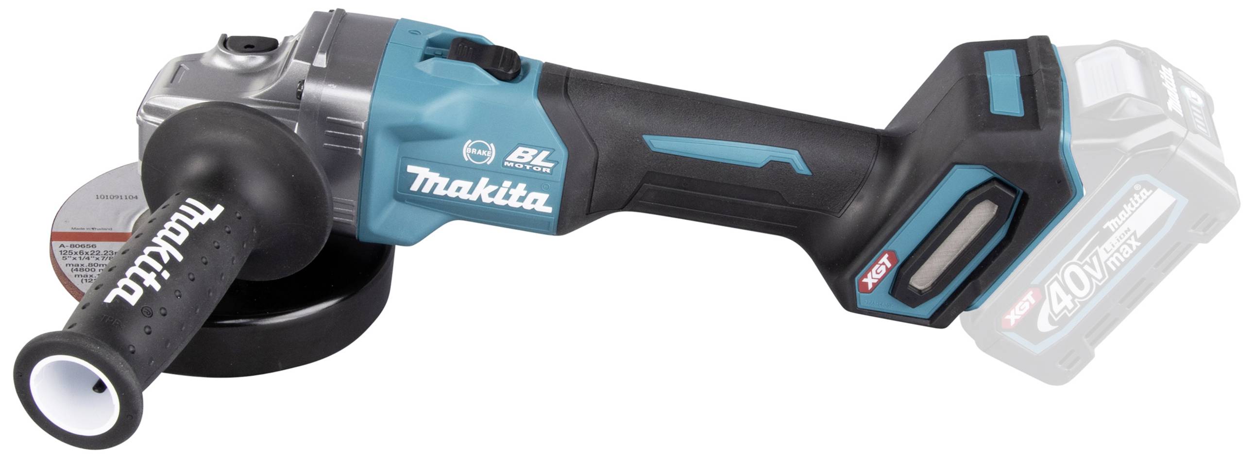 En sladdlös vinkelslip med blå-svart hölje, sidohandtag och en skiva. Batterifack på den bakre delen.