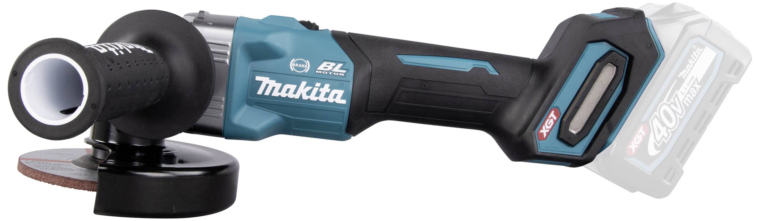 Batteridrivet vinkelslipverktyg från Makita, svart och turkos, med utbytbart batteri. Lämplig för metall- och sliparbeten.