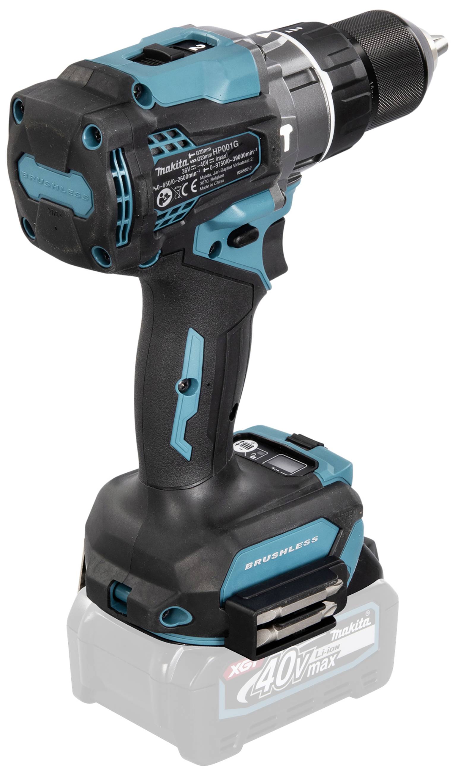 Batteridrill med rött handtag, driven av ett robust 40V-batteri. Kompakt, ergonomisk design, perfekt för gör-det-själv-projekt.