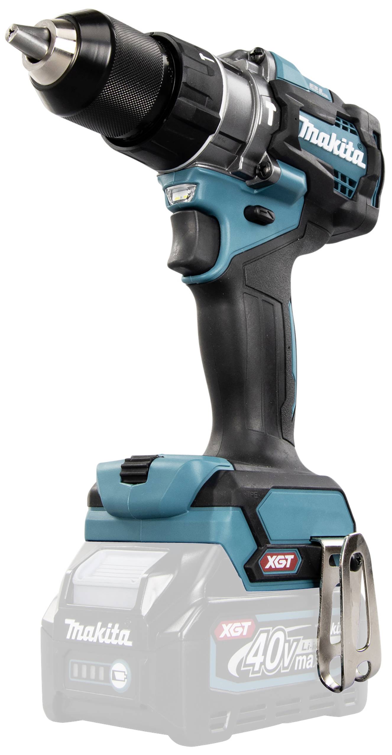 En batteridrill med blå-svart hölje står upprätt. Inskription: 'XGT 40V max'. Lämplig för kraftfulla borrningsapplikationer.