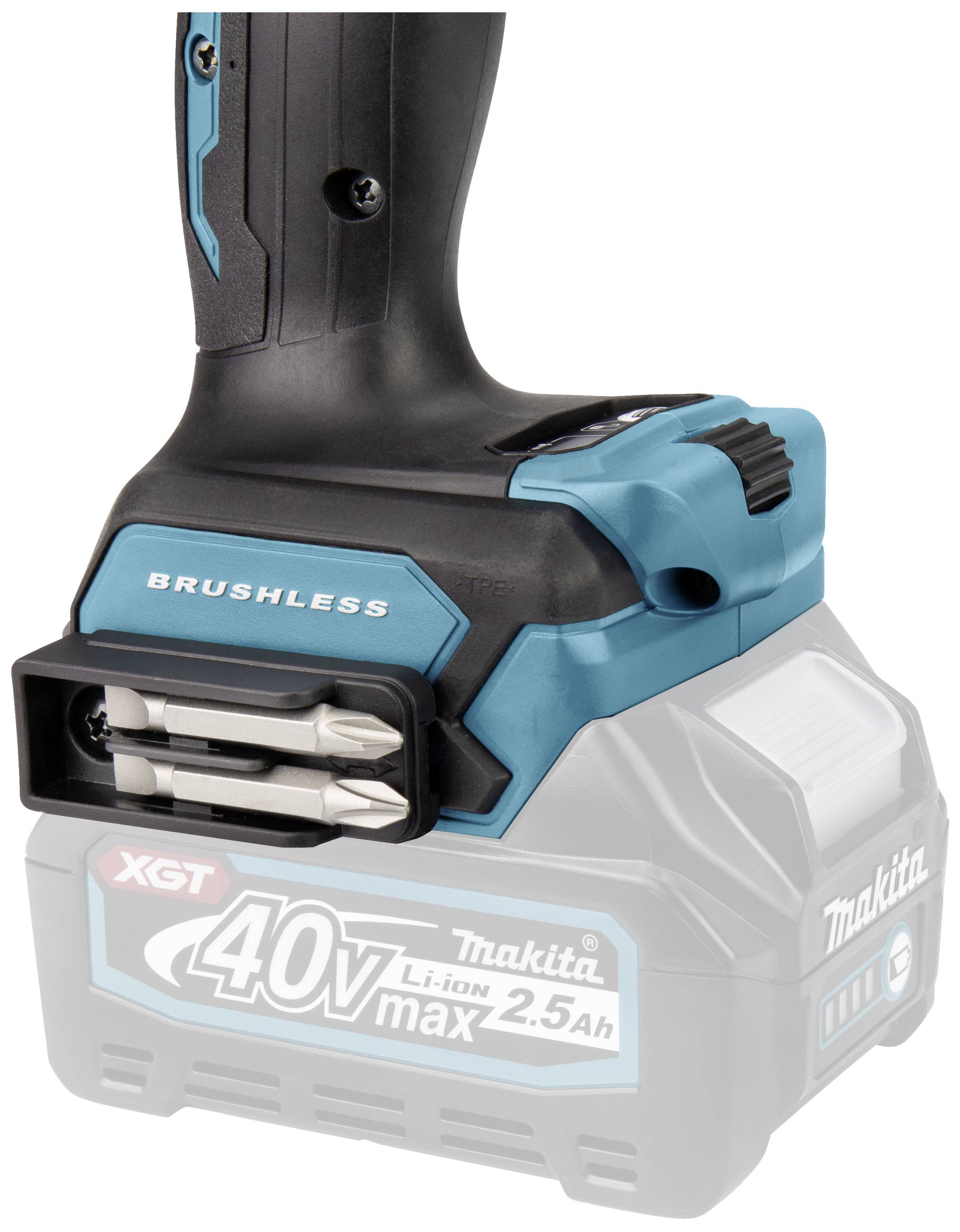 Svart-blå sladdlös skruvdragare med "BRUSHLESS"-inskription och fack för borrbitar, litiumjonbatteriets etikett synlig.