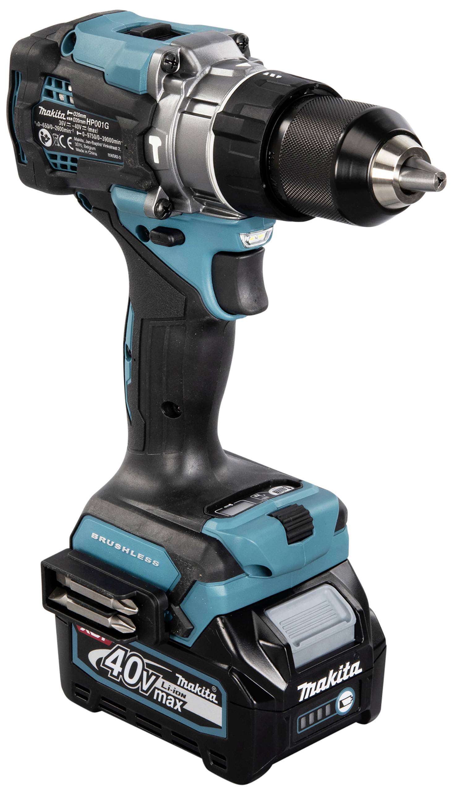 Sladdlös skruvdragare i blått och svart, stående upprätt, nedtill ansluten med ett 40V Max-batteri, lämplig för kraftfulla arbetsuppgifter.