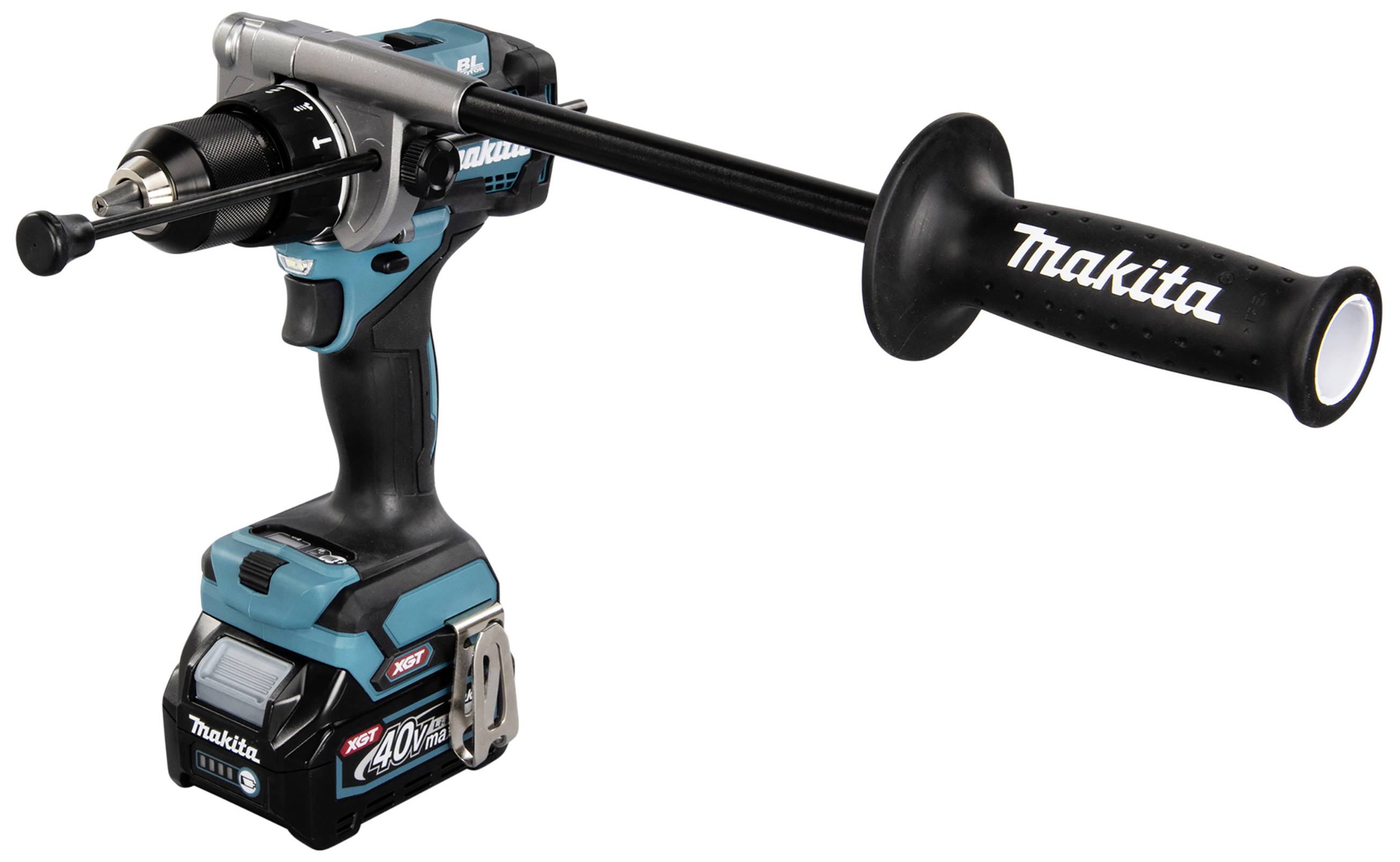 Makitas batteridriven skruvdragare i blå och svart med sidohandtag och chuck fram.