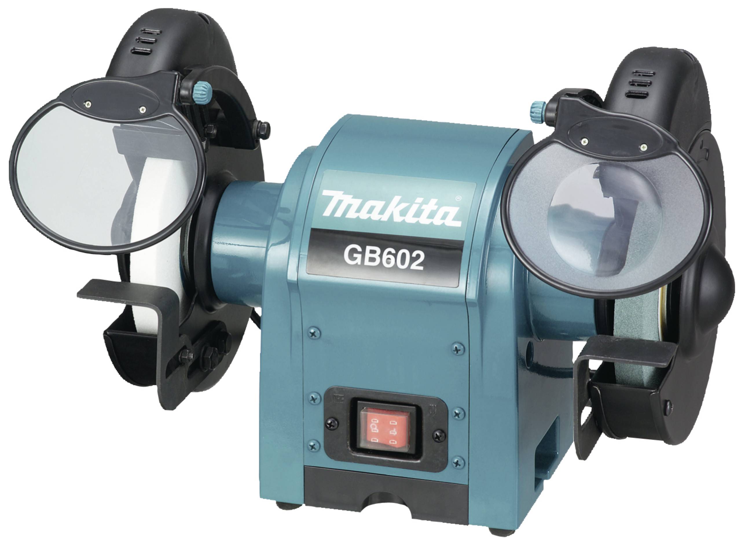 Makita slipmaskin, modell GB602, i blå färg, med två slipskivor och transparenta skyddslock.