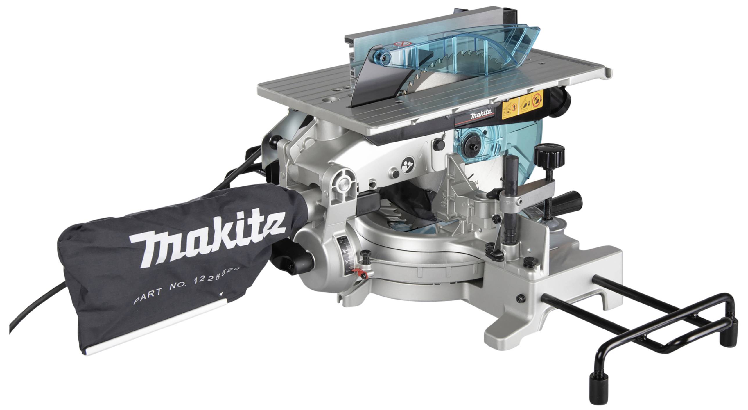 Makita sticksåg med dammpåse och styranordning. Designad för precision vid kapning av trä och andra material.