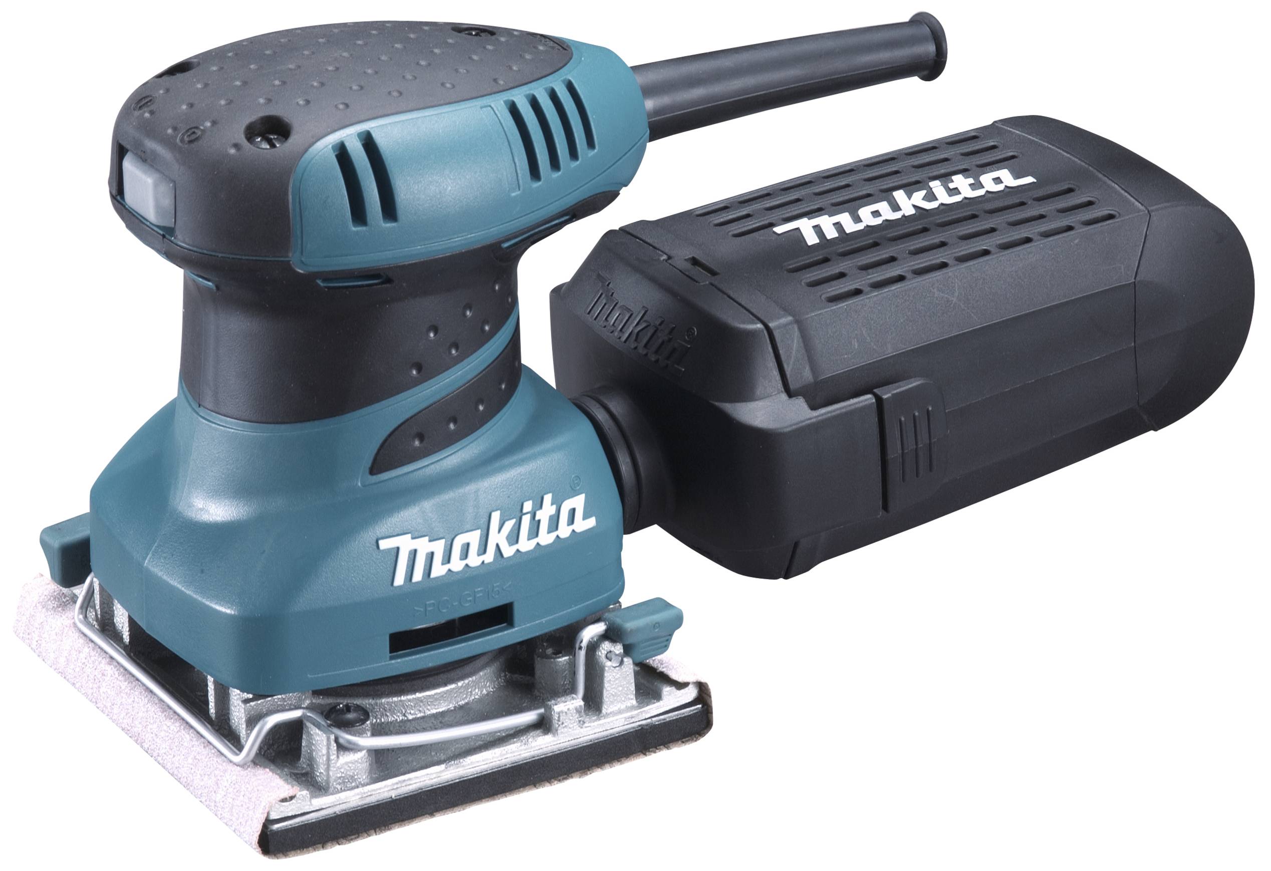 En närbild av en blå och svart Makita vinkelslip med rektangulär slipyta och ergonomiskt handtag.