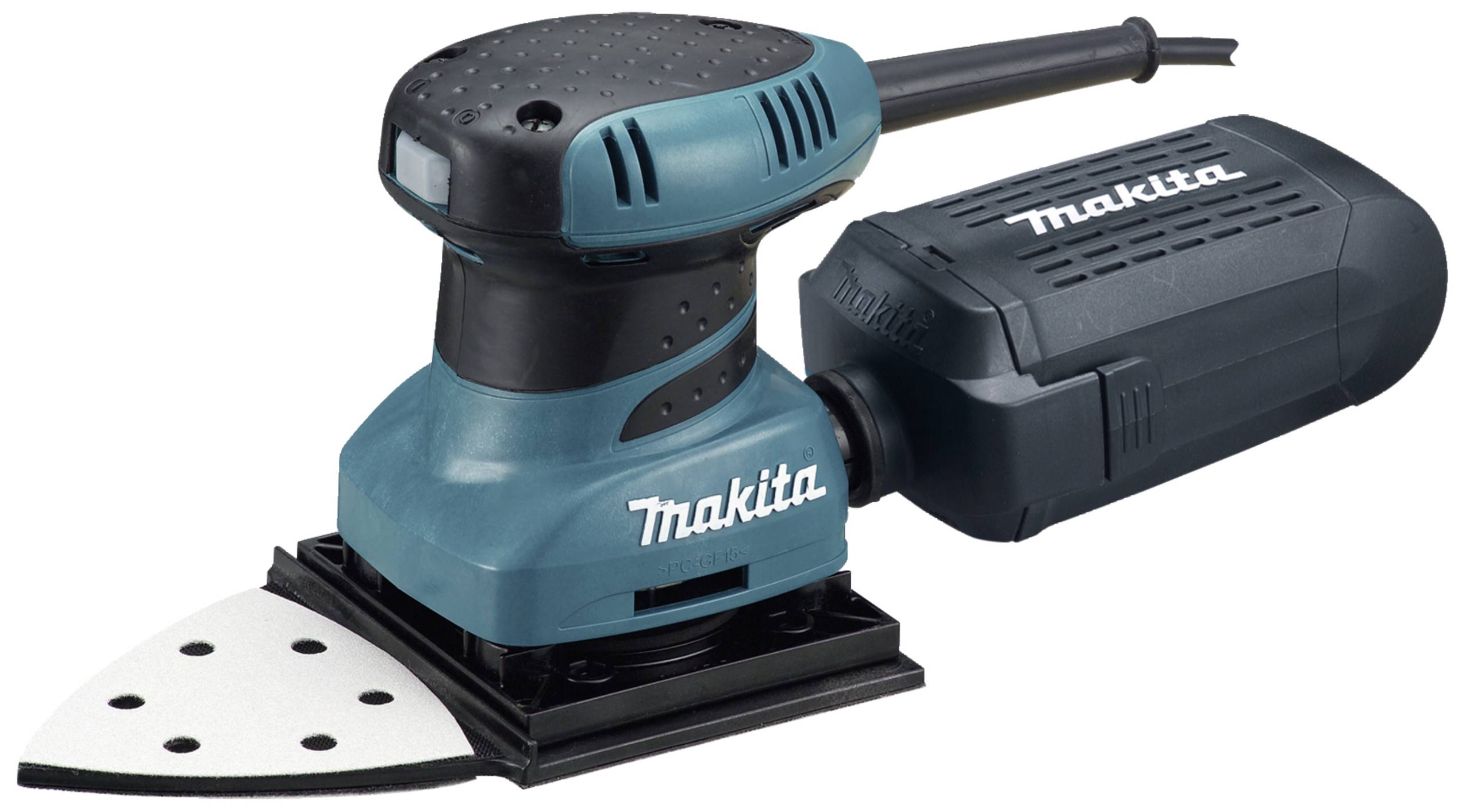 Elektrisk oscillerande slipmaskin från Makita med trekantig slipyta och sladd.