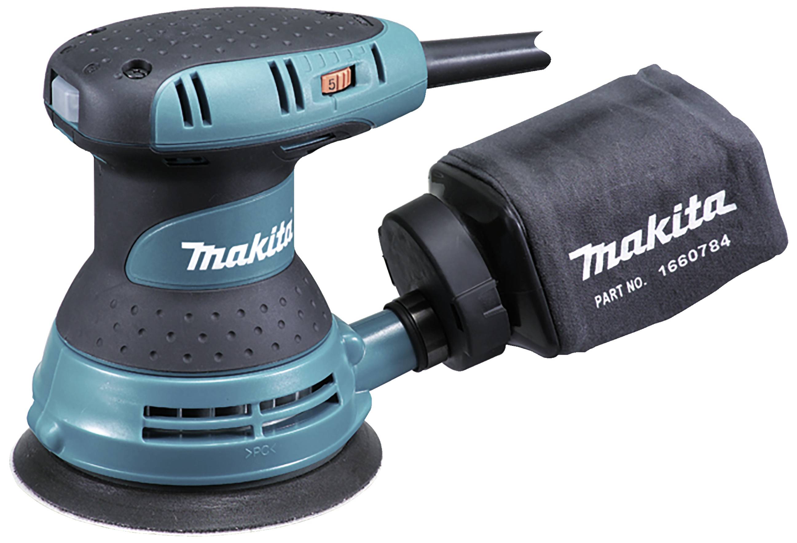 Makita excenterslip med dammuppsamlingspåse, turkosa detaljer, lämplig för träarbeten och ytbehandling.