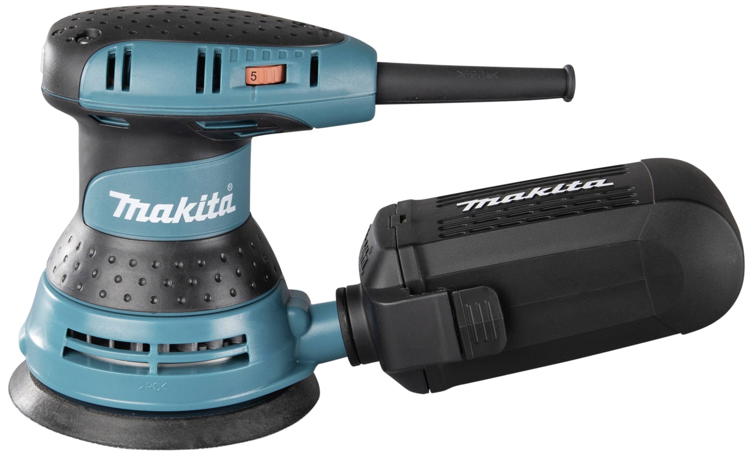 En blå och svart elektrisk excenterslip med dammfilter, försedd med varumärket 'Makita' på höljet.