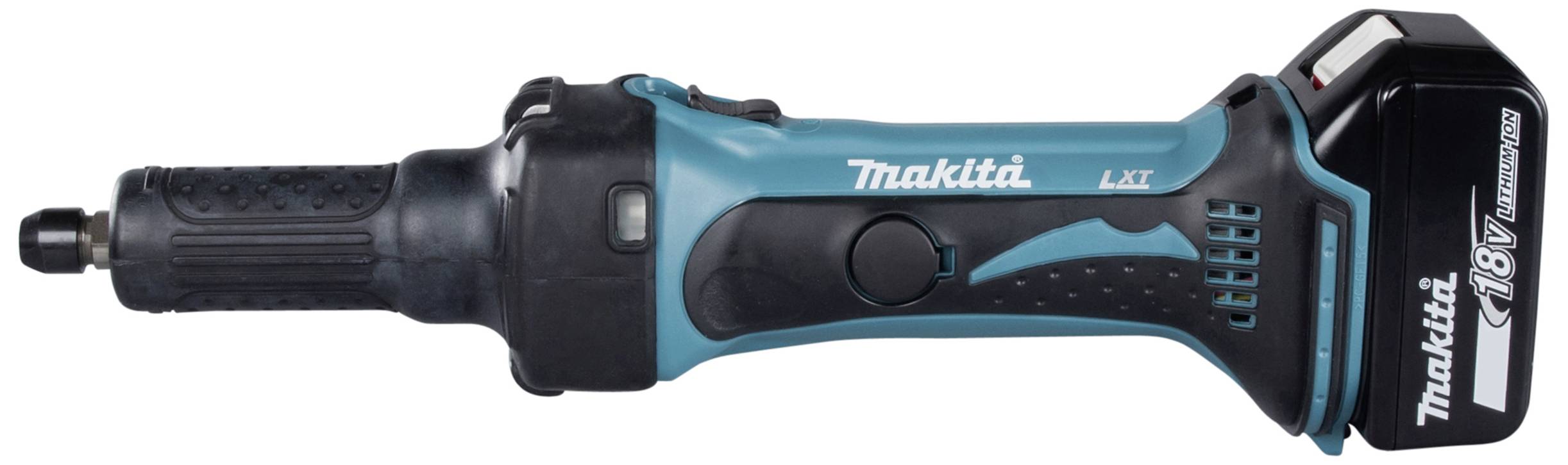 Makitas batteridriven plåtsax, modell LXT, visad från sidan med blå och svart färgsättning.