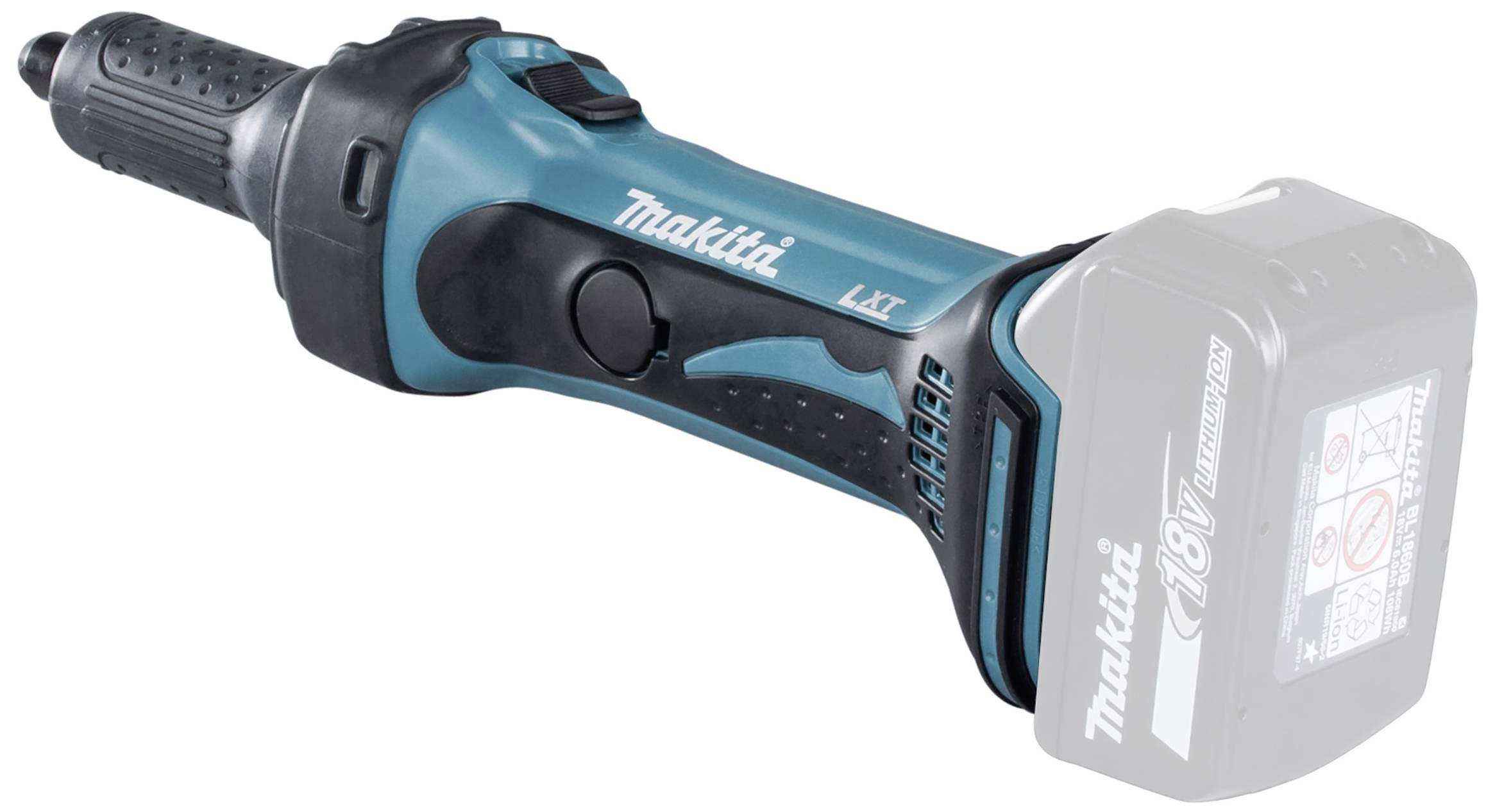Sladdlös Makita-borrmaskin, grön-svart, med löstagbart 18V-batteri.