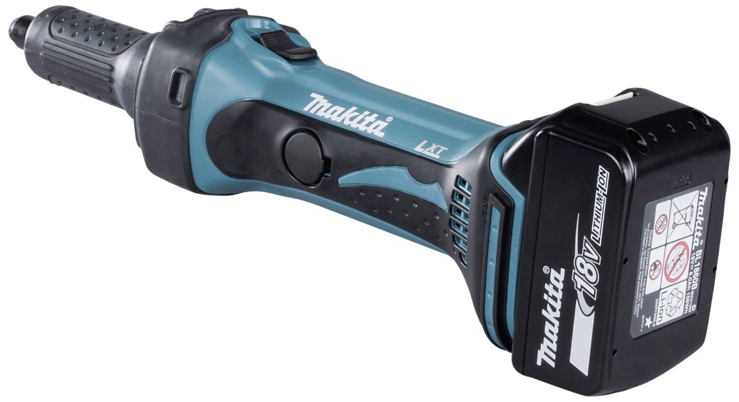 En sladdlös Makita 18V batteridriven skruvdragare i blått och svart med ett avtagbart batteri och reglage på sidan.