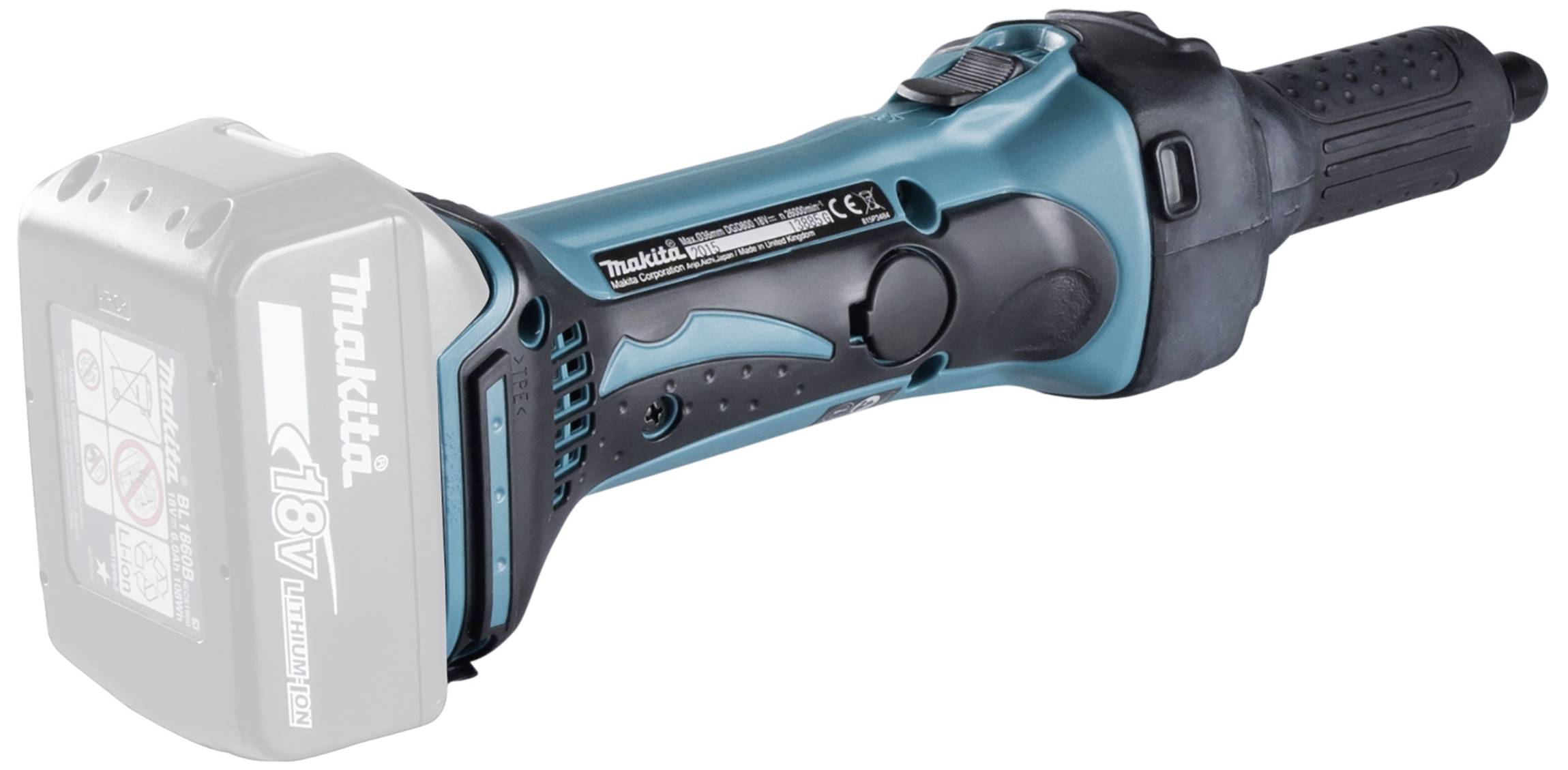 En sladdlös, blå-svart slipmaskin från Makita med ett litiumjonbatteri, lämplig för precisionsslipning.