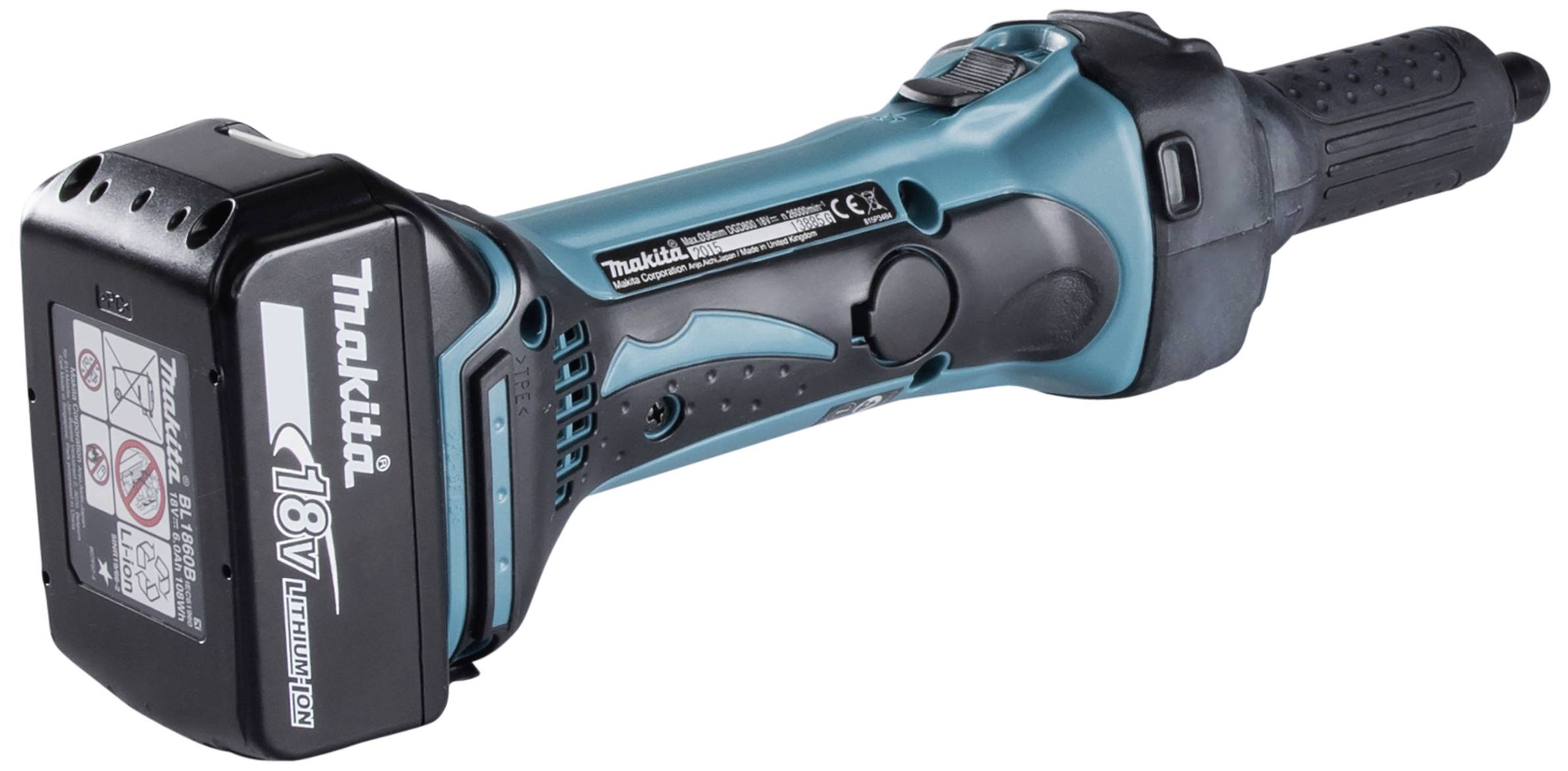 Makita batteridriven vinkelslip, blå-svart, utrustad med 18V litiumjonbatteri.
