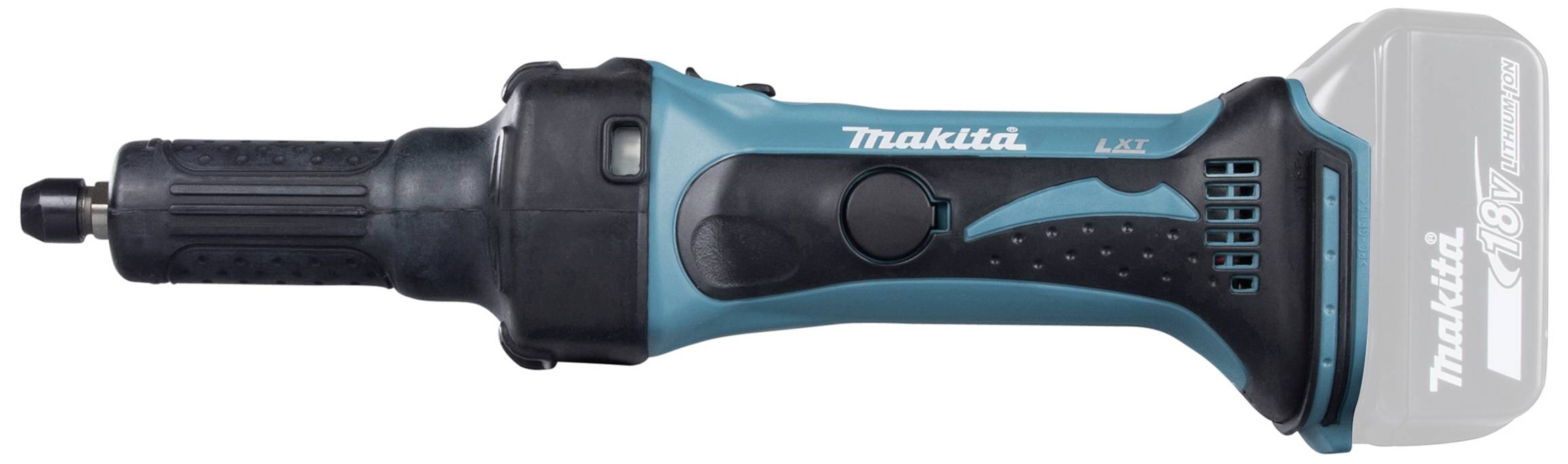 En sladdlös, blå Makita-slipmaskin med avtagbart batteri, lämplig för sliparbeten i svåråtkomliga områden.