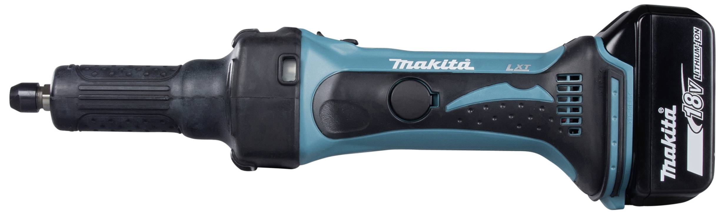 Elektrisk skruvdragare med blått och svart hölje, märkt med 'Makita' och '18V', sidovy av verktygsmaskin.