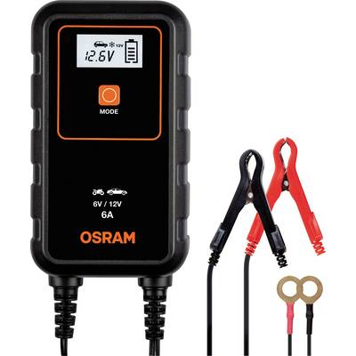 Batteriladdare från OSRAM med display '12.6V', två lägen för 6V och 12V batterier, röda och svarta klämmor för fordonsladtillämpningar.