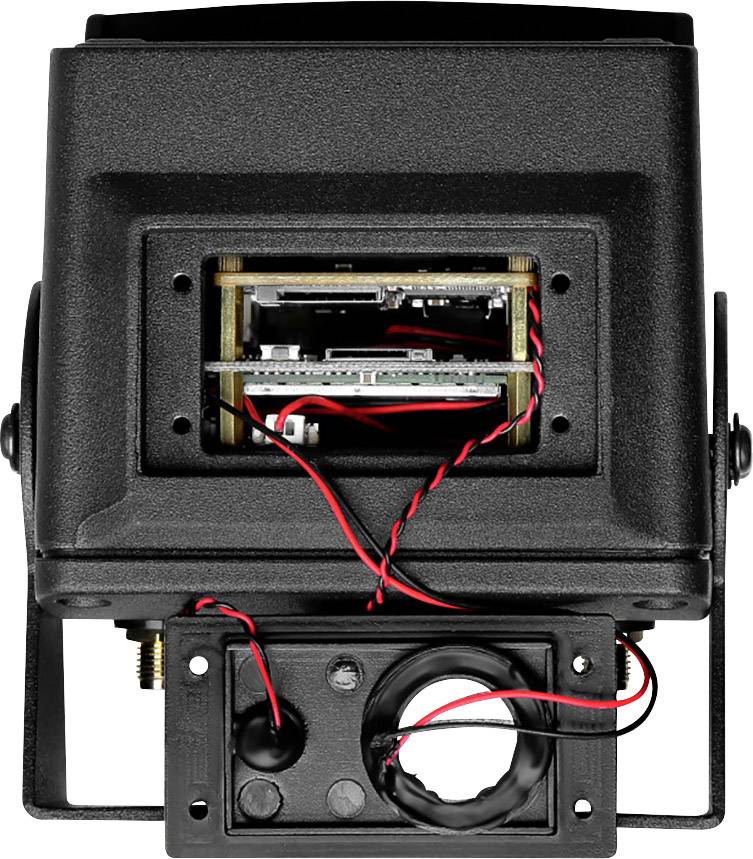 En öppen elektrisk apparat med synliga kablar och komponenter, som möjligen föreställer en högtalare eller liknande anordning.