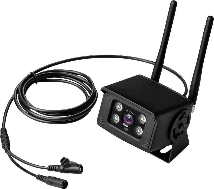 Trådlös backkamera med två antenner och kablanslutningar, lämplig för fordonövervakning och förbättrad sikt vid backning.