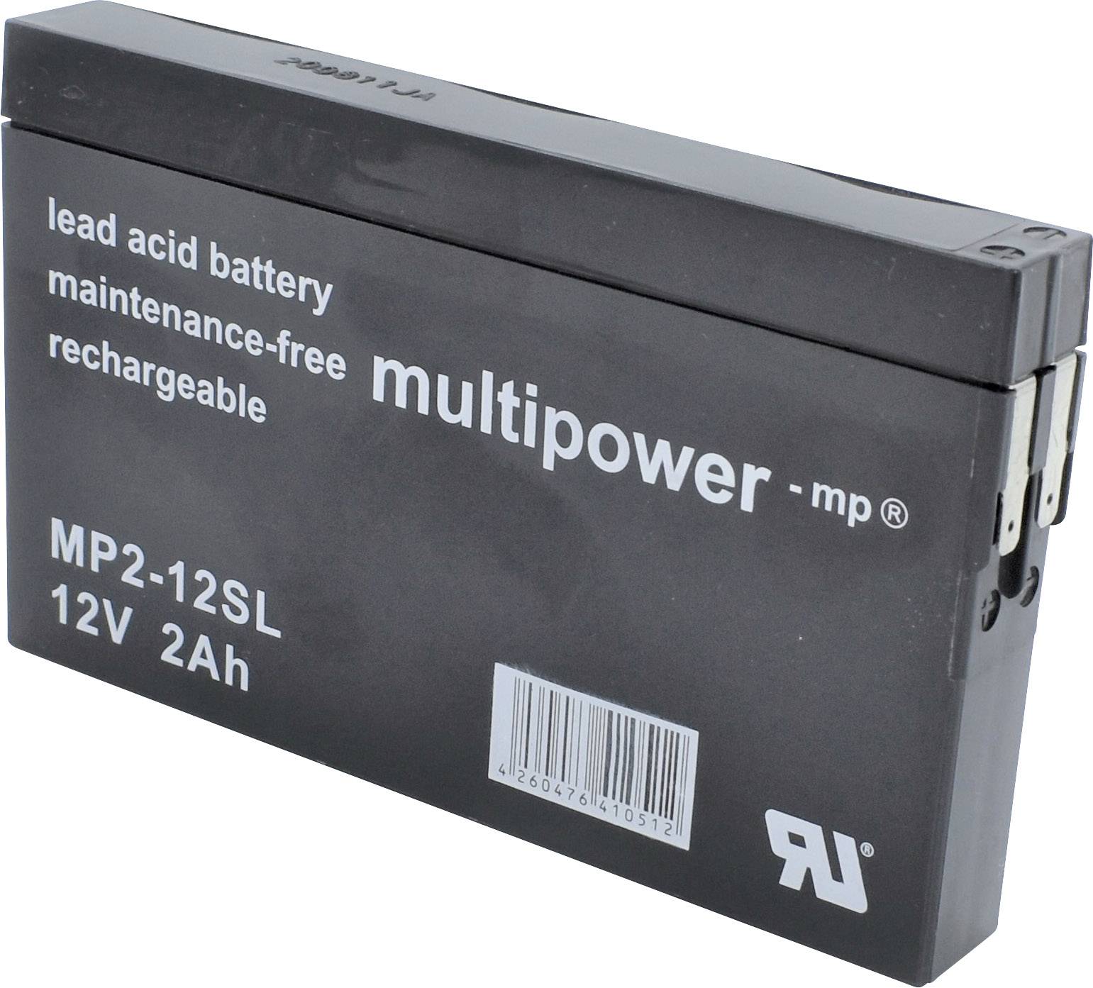 Svart Multipower blysyrabatteri, underhållsfritt och laddningsbart, modell MP2-12SL, 12V 2Ah