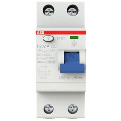 En tvåpolig felströmsskyddsbrytare (F202 A) med blå testknapp, märkström 16A, spänning 230V, tillverkare ABB.