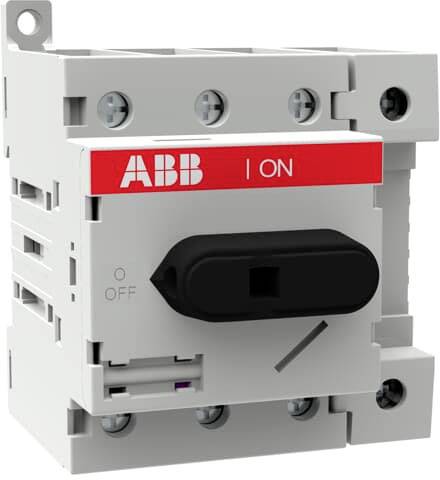 En grå effektbrytare med en röd list där det står 'ABB I ON'. Omkopplaren är ställd på 'OFF'.