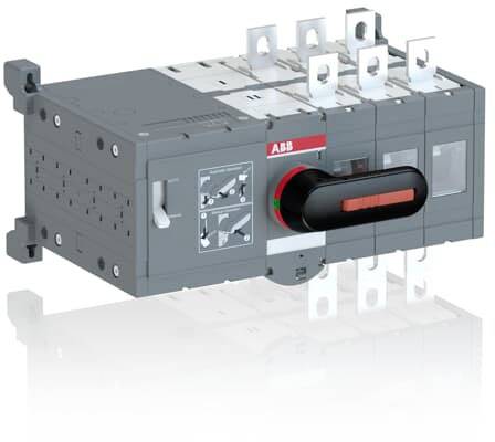 En grå strömbrytare med röd handtag och integrerad ABB-logotyp, omgiven av metallkontakter. Den används i elektriska fördelningstavlor.